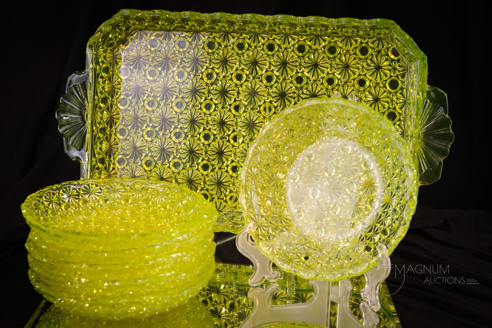 Rare Vaseline Victorian Glass Daisy & Button Ice Cream Set: What a rare find folks! Vasies stand up and take note of this beautiful tray. This fabulous piece of Victorian vaseline glass is complimented by six vaseline glass daisy & Button serving plates. Large
