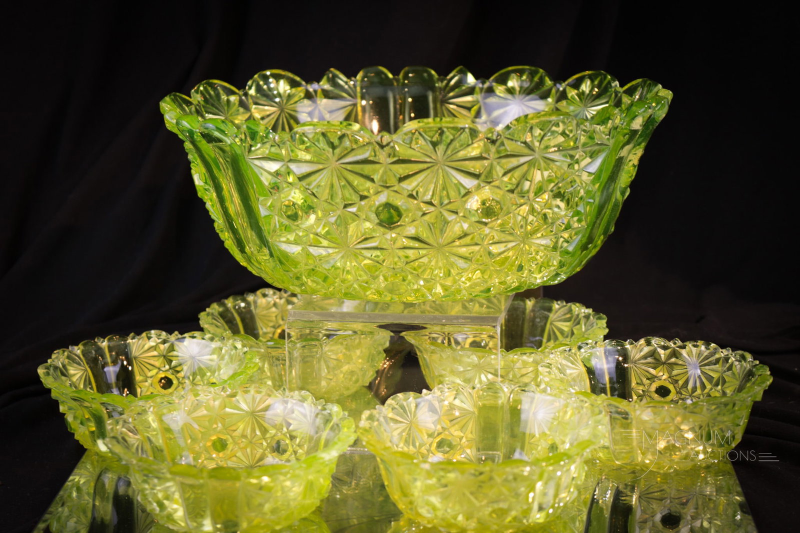 7 pc Lot Vaseline Daisy & Button Victorian Glass Berry Set: Beautiful and Vasie-approved seven piece Victorian vaseline glass berry set. This set with scalloped potato edge. A wonderful set and it brings shear delight to anyone that would look at it. Largest m