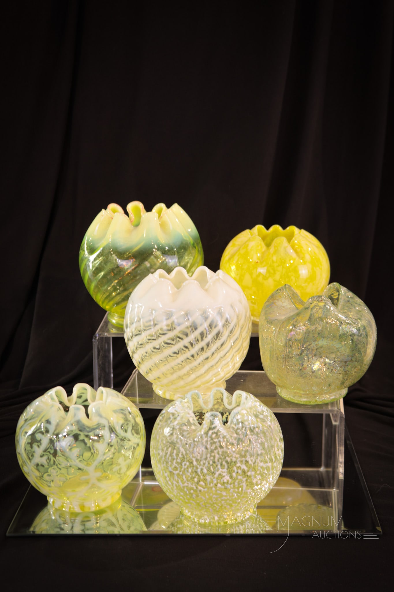 6 pc Lot Victorian Vaseline Opalescent Rose Bowls: Six fun finds in vaseline Victorian opalescent glass. This lot includes Reverse Swirl, two examples of Dugan Venetian, Swirl, Spatter, and finally Spanish Lace. Tallest measures 4 1/2".
