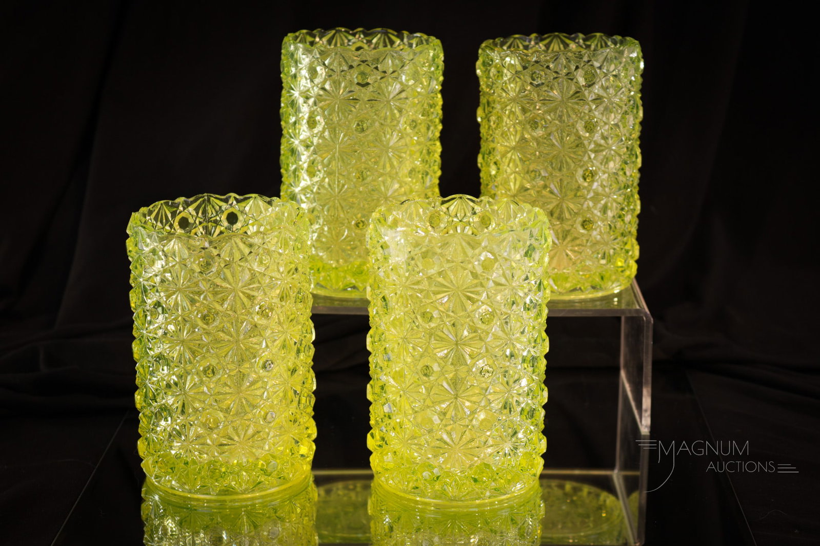 4 pc Lot Vaseline Glass Daisy & Button Pickle Castor Inserts: Four piece lot of vaseline glass I.P.A. tumblers, pickle castor inserts, or whatever your heart desires. These four fine fancies in fabulous vaseline glass are sure to please whatever the use. These e