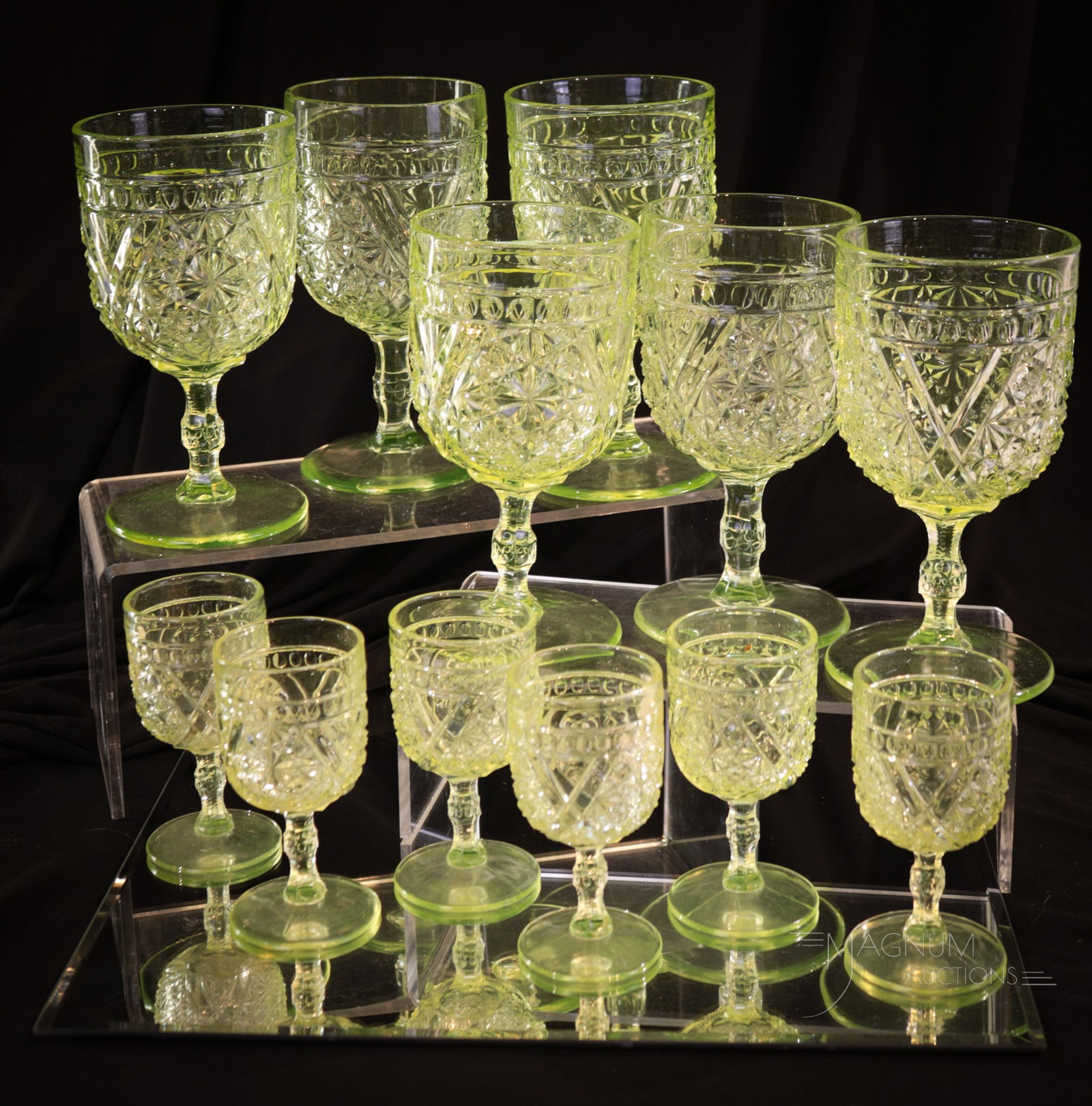 12 pc Lot Victorian Vaseline Glass Daisy Button Goblets & Cordials: A comprehensive lot of twelve fine Victorian vaseline glass water goblets and cordials. Six of each to be exact. These in the ever-collectible pattern Daisy & Button with V ornament. Tallest measures 