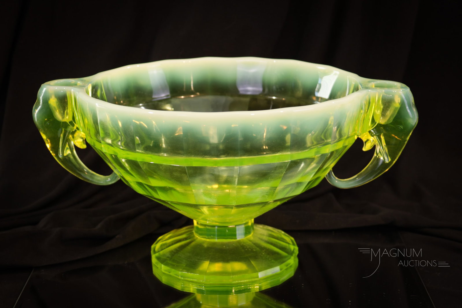 Westmoreland Vaseline Opalescent Elephant Console Bowl: Highly prized vaseline opalescent Elephant pattern console bowl by Westmoreland glass. This fine piece measures 5 1/2" tall, 11 1/2" wide.