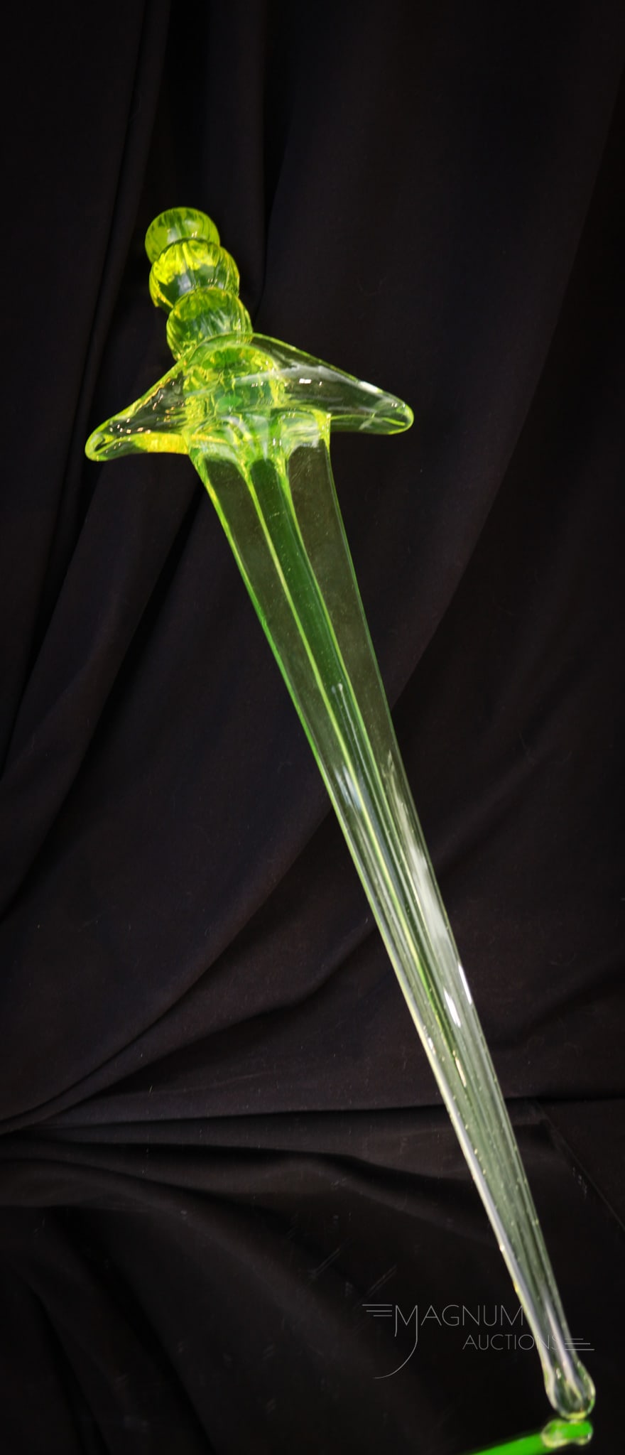 C. Gibson Signed Vaseline Uranium Art Glass Sword: Wonderfully rare find in this sword of Vaseline glass. This one signed "C. Gibson". This fabulous piece measures 21 1/2" long. How many have you seen?