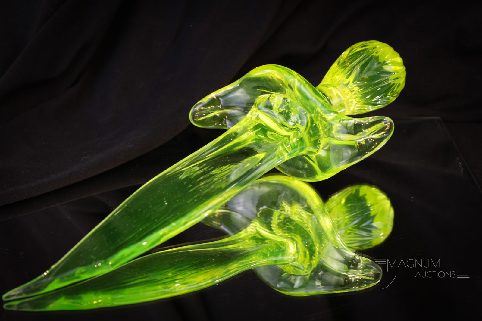 Unsigned C. Gibson Vaseline Uranium Art Glass Dagger: Another fabulous find in our line-up of vaseline glass. This dagger is an unsigned "C. Gibson" example. Great form and detail. This one measures 11" long.
