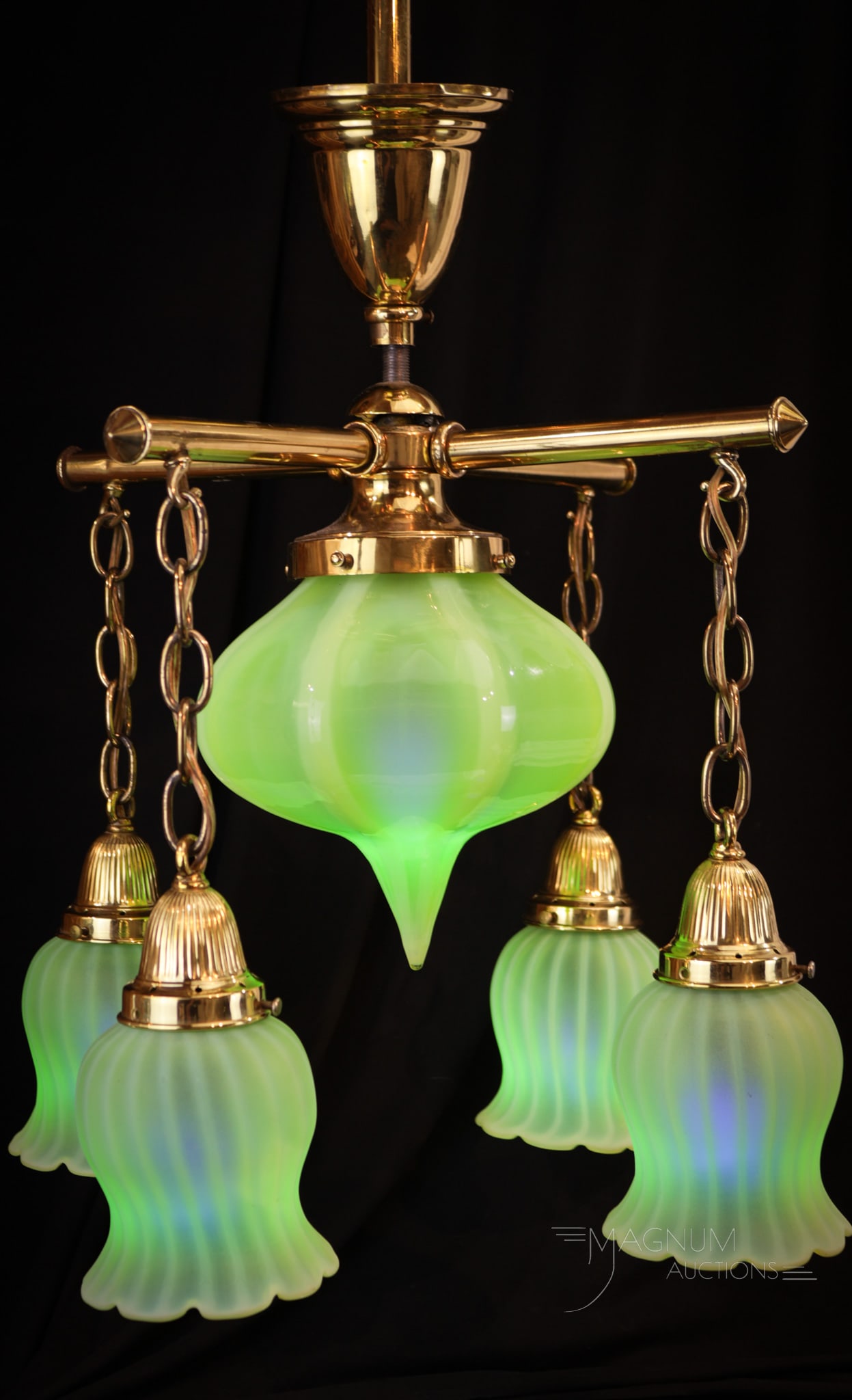 Vaseline Opalescent Glass Antique Brass Chandelier: Vasie lovers get ready to redecorate the shiner room with this fabulous antique brass chandelier. This fine piece is complete with five vaseline opalescent art glass shades. Lovely polished brass hard
