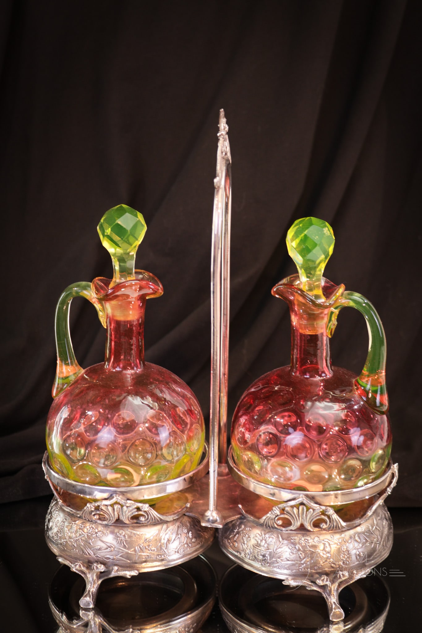 Rare Victorian Silverplate Hobb's Vaseline Cranberry Cruet Set: A Mother Magnum favorite! How nice is this one folks? We think it's very nice and oh so pretty. This lot is a pair of Victorian Hobb's rubina verde vaseline cranberry inverted thumbprint cruets set in