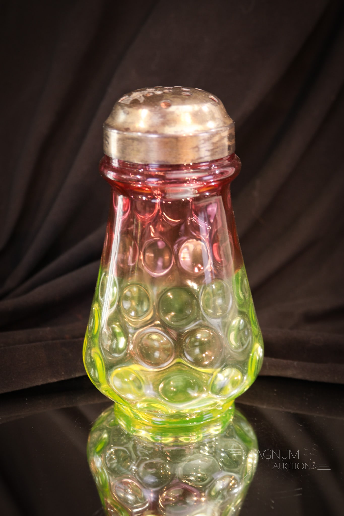 Hobb's Vaseline Cranberry Victorian Glass Sugar Shaker: Such a fine piece. This beautiful Victorian sugar shaker has the best color and complete with original lid. An uncommon find in the realm of sugar shakers. This one measures 5 1/4" tall.