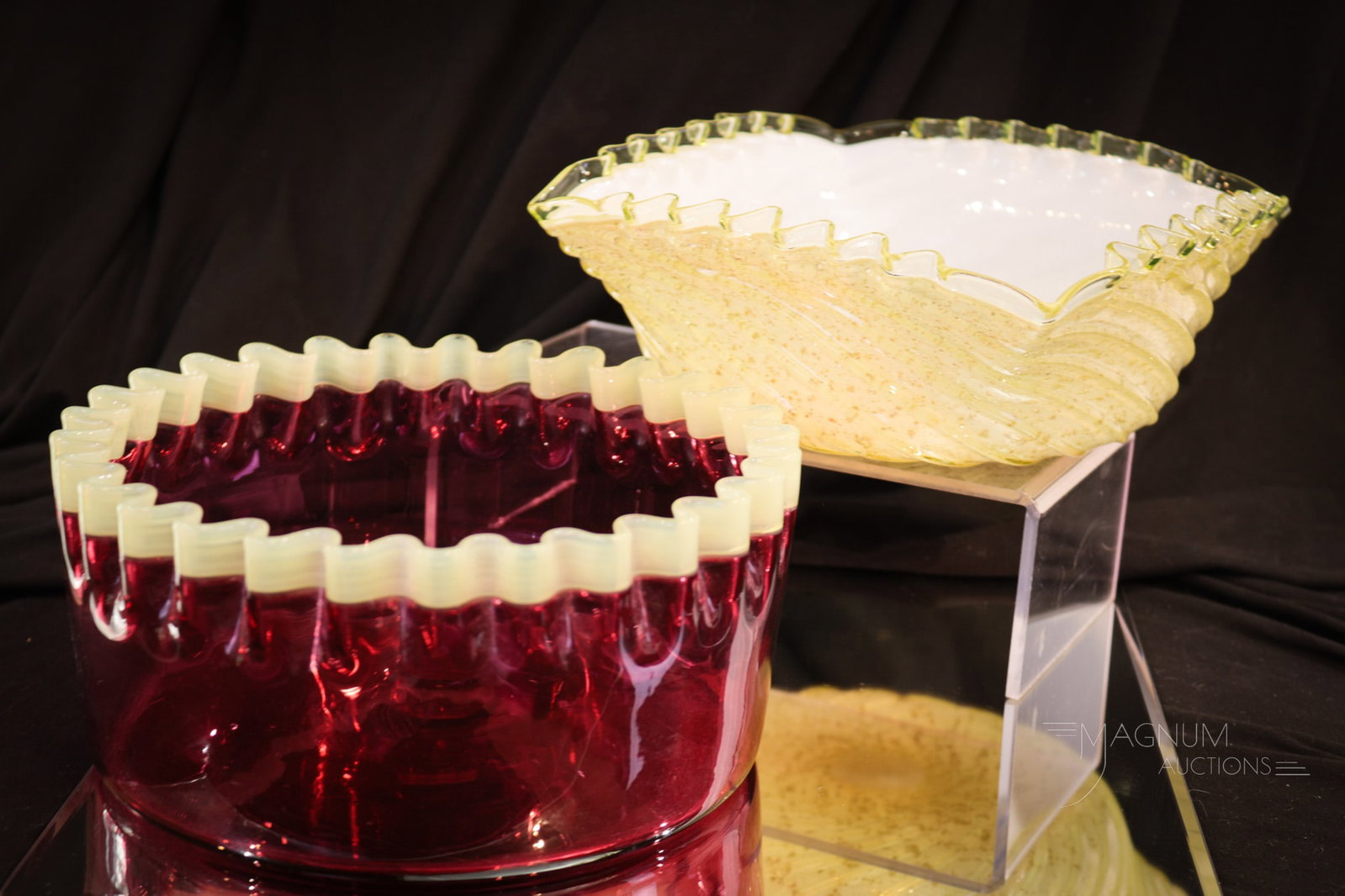 2 pc Lot Hobb's Victorian Glass Bowls: Two of the nicest Hobb's Victorian Art glass bowls. One is a cranberry with vaseline applied rim Richelieu example. The other is an externally ribbed cased vaseline bowl with mica. Each very pretty! L