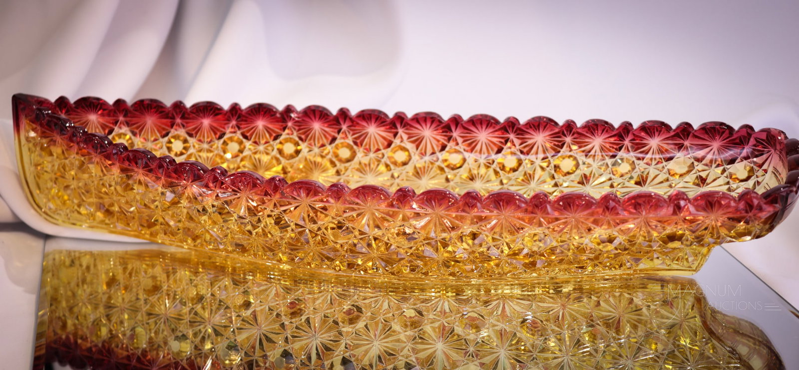 Hobb's Daisy & Button Victorian Glass Amberina Yacht: Killer example with beautiful coloring folks! This yacht celery or relish dish by Hobb's has the best coloring tha you could want. Piece measures 2 1/4" tall, 14" long.