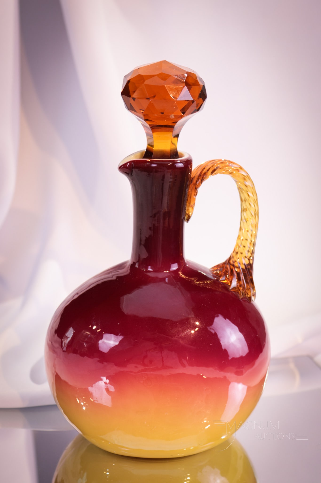Scarce Hobb's Wheeling Peachblow Victorian Glass Decanter: Such a find folks! This is a beautiful piece of Hobb's Wheeling Peachblow in a seldom-seen form. This one is complete with amber cut faceted stopper. This wonderful piece measures 9" tall. Provenance: