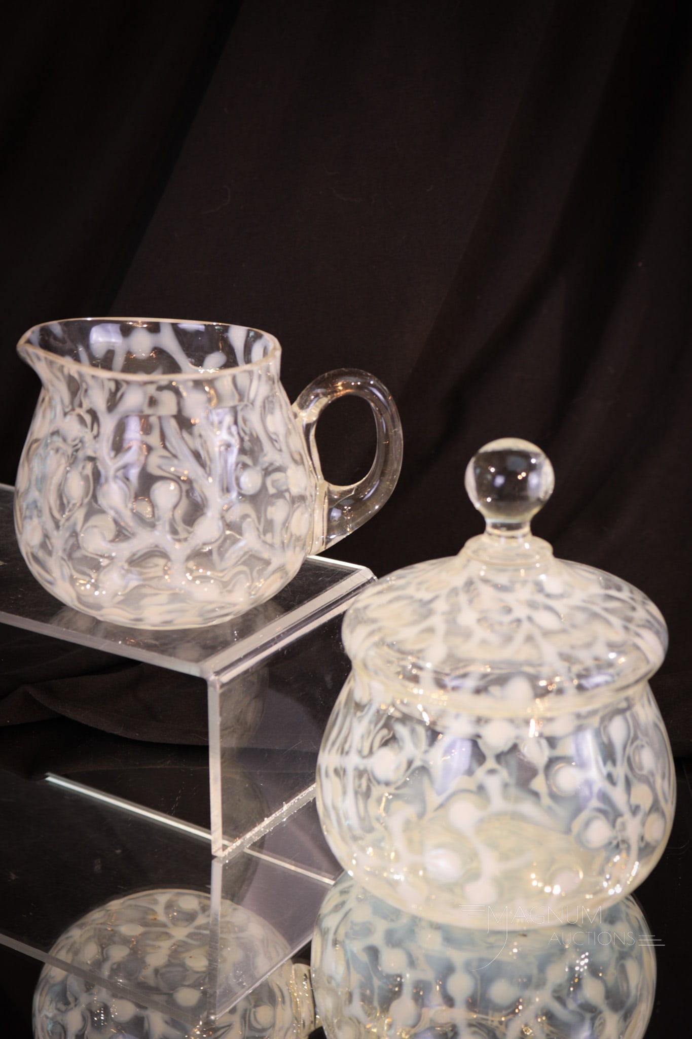 2 pc Lot Opalescent Hobb's Seaweed Victorian Glass: Two seldom-seen coloration pieces of Hobb's Victorian opalescent glass. Seldom do you see table articles in crystal opal. Here we have two waiting for your bids. A creamer along with a covered sugar b