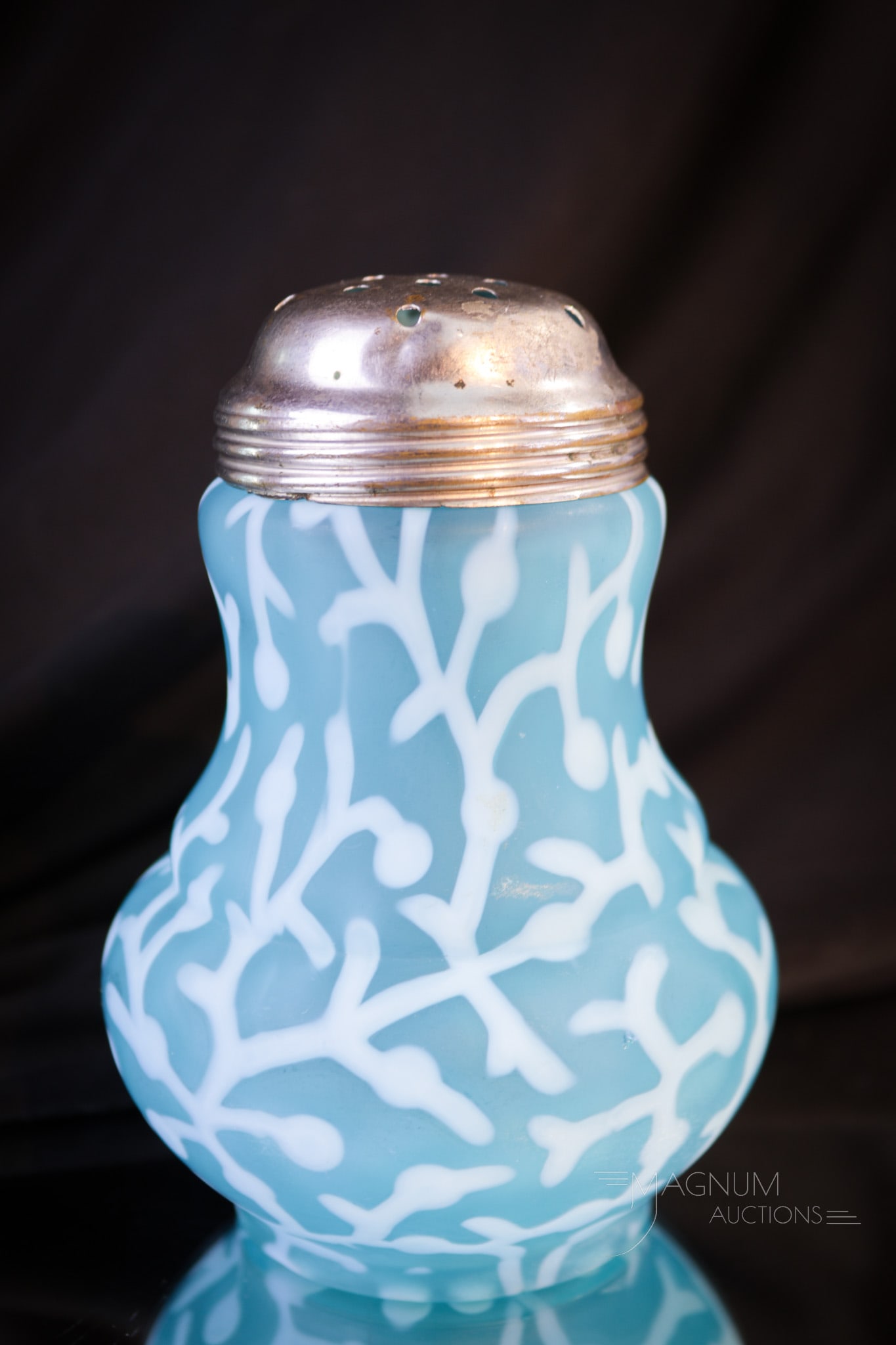 Hobb's Victorian Blue Opalescent Satin Seaweed Sugar Shaker: Wonderful and seldom seen in satin, we are offering up for bid this fine Hobb's Victorian sugar shaker in luscious satin finish. What a delight for the eyes and the collection! This shaker measures 5"