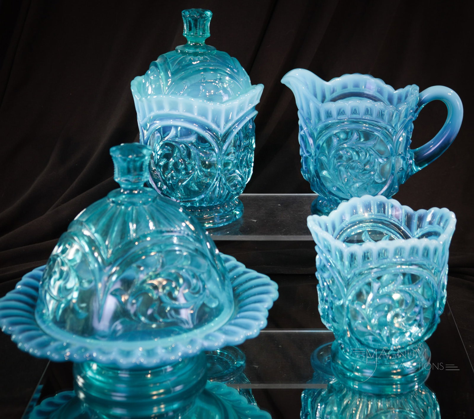 4 pc Northwood Blue Opalescent Circle Scroll Victorian Glass Table Set: What a wonderful and complete table set we have here folks. This set is in the ever-popular pattern Circle Scroll by Northwood. Tallest of the set measures 6 3/4".