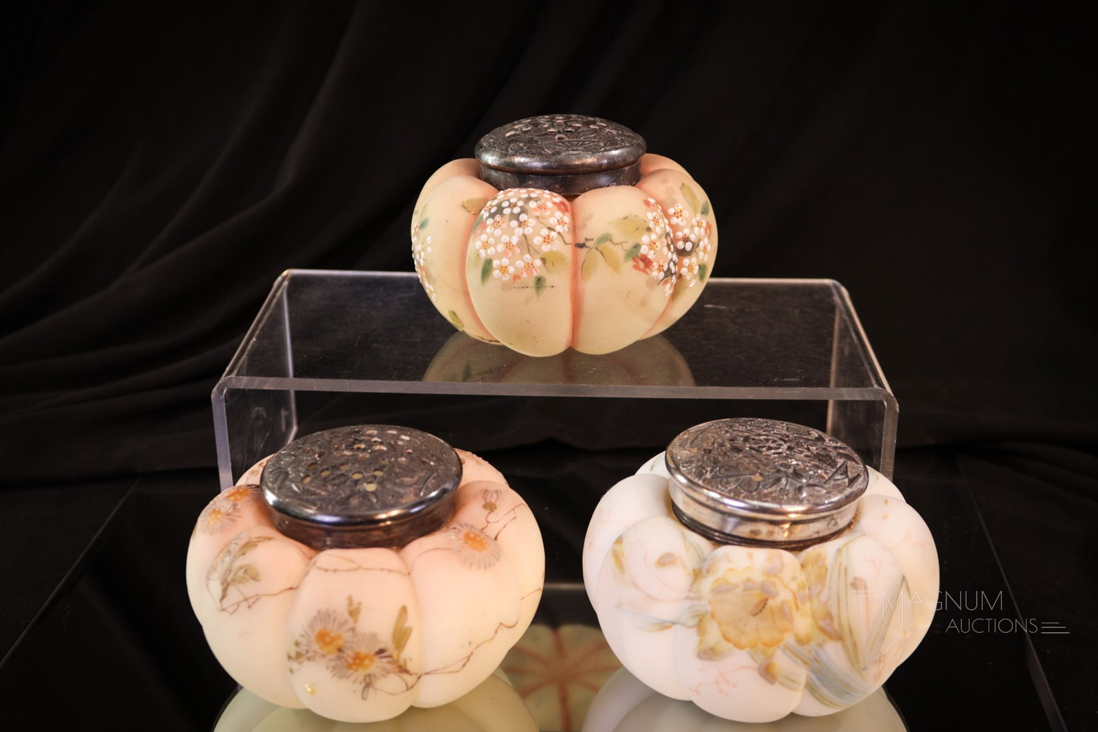 3 pc Lot Victorian Mt. Washington Glass Enameled Sugar Shakers: Take note of the beautiful floral decoration on each of these three Mt. Washington Victorian glass sugar shakers. Oh so pretty. The decorators at Mt. Washington did such a beautiful job enhancing the 