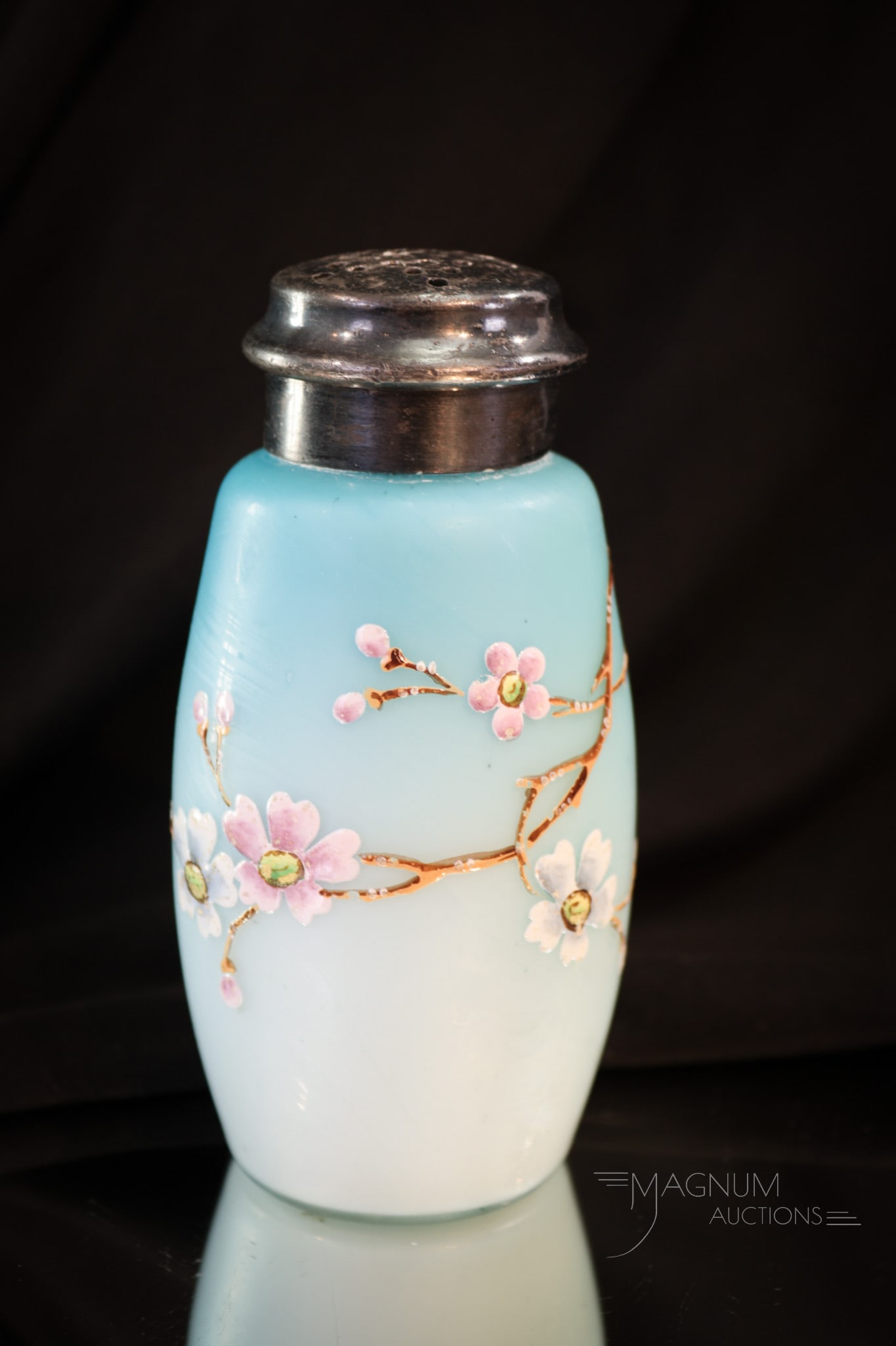 Victorian Blue Satin Queen Anne Enameled Sugar Shaker: Seldom found, this Queen Anne decorated blue satin glass sugar shaker is a must-have piece for any sugar shaker collection. Shaker is complete with original two-piece metal top. Delicate florals enhan