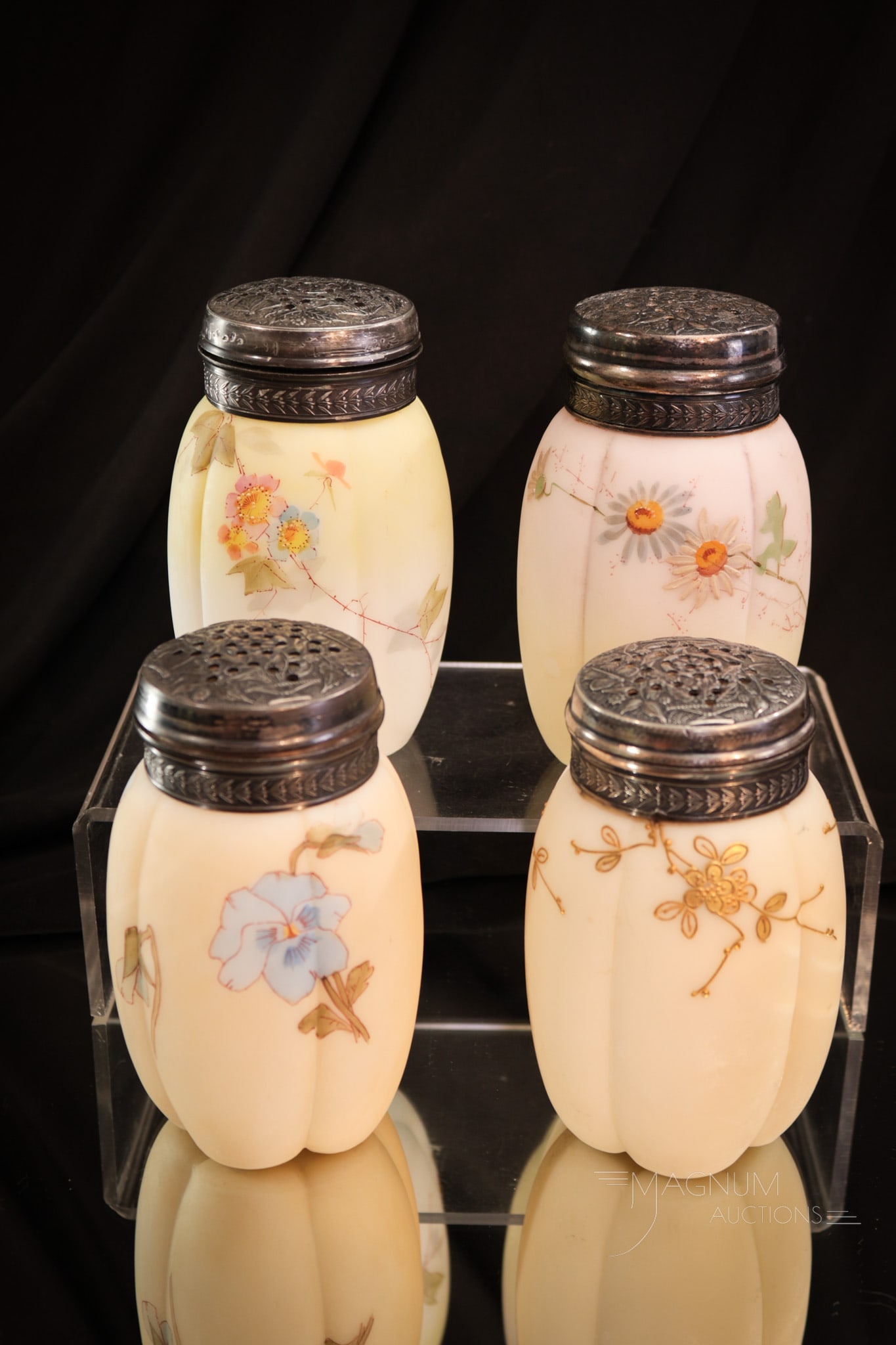 4 pc Lot Smith Bros. Victorian Enameled Glass Sugar Shakers: Four fun examples of Victorian glass sugar shakers. Each unique. Each is a beauty in their own right. Tallest of these Victorian sugar shakers measures 5".