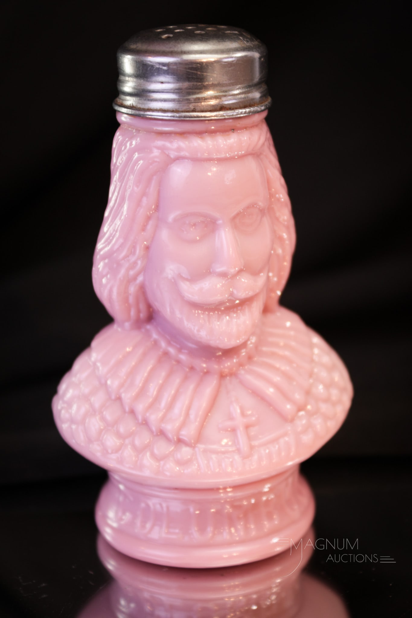 Rare Pink Christopher Columbus Victorian Glass Salt Shaker: Rare find among our line-up of Victorian glass salt shakers. This is a Christopher Columbus in pink opaque. So seldom seen. It measures 3 1/2" tall.