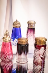 5 pc Lot Victorian English Bohemian Glass Sugar Shakers Muffineers