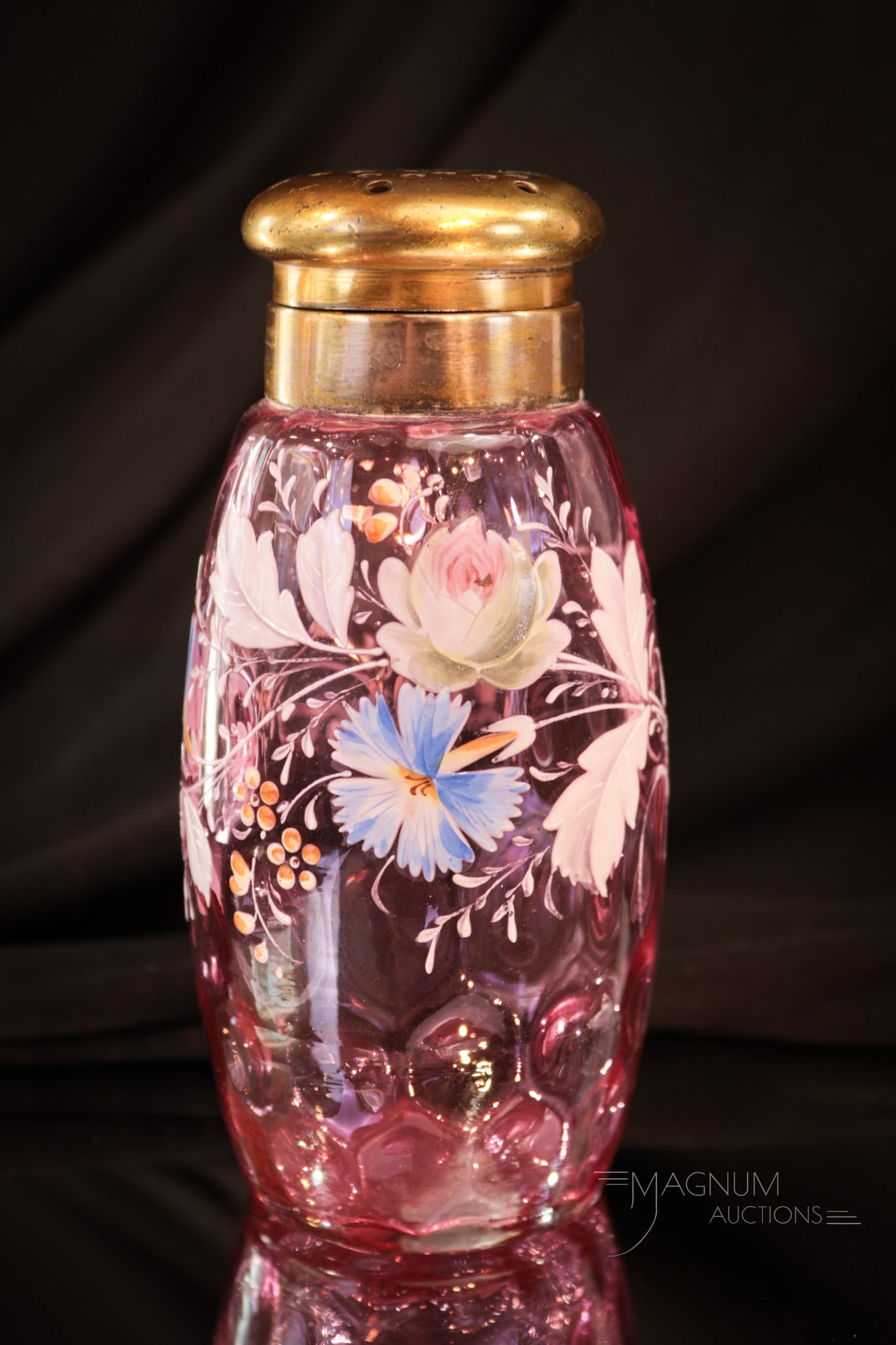 Cranberry Spatter Coloratura Enameled Victorian Sugar Shaker: Fine cranberry spatter Coloratura enameled glass Victorian sugar shaker. This one complete with two-piece metal top. Shaker measures 5 1/4" tall.