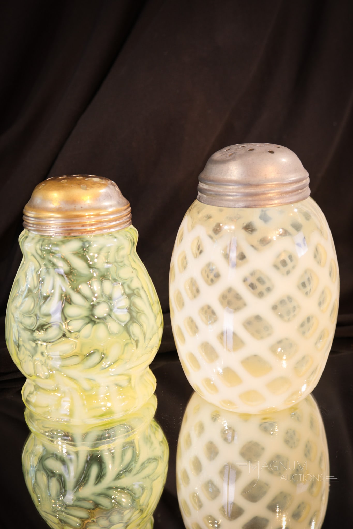2 pc Lot Victorian Vaseline Opalescent Glass Sugar Shakers: Two glowing finds in vaseline opalescent glass sugar shakers. One in the Daisy & Fern pattern. The other in the Bubble Lattice pattern. So much to love about these. Tallest measures 5 1/4" tall.