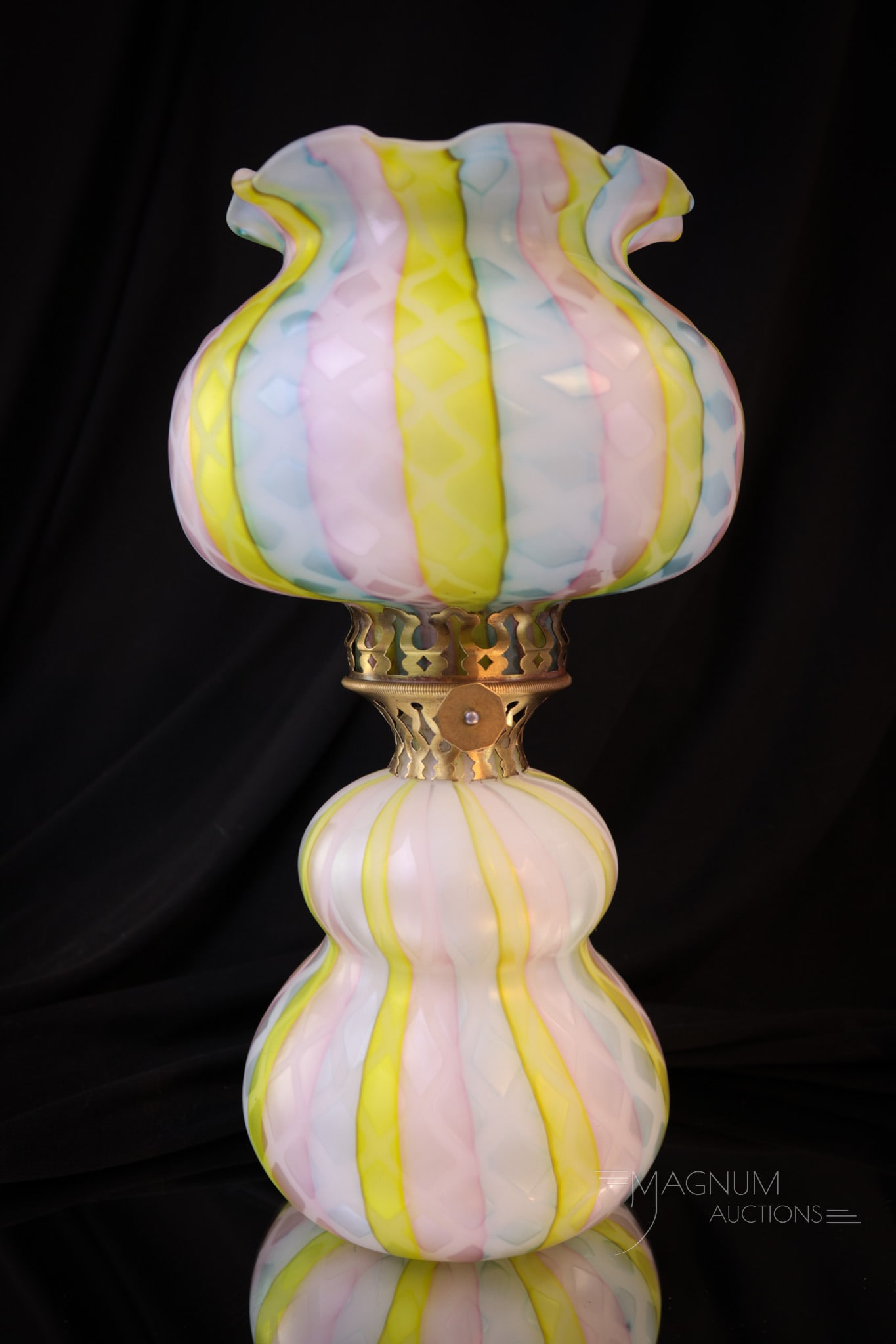 Rainbow Mother of Pearl Satin Glass Miniature Oil Lamp: Very fine Rainbow satin Diamond quilt mother of pearl glass miniature oil lamp. This lamp has extraordinary color and form. Beautiful little lamp. Lamp measures 10" tall.
