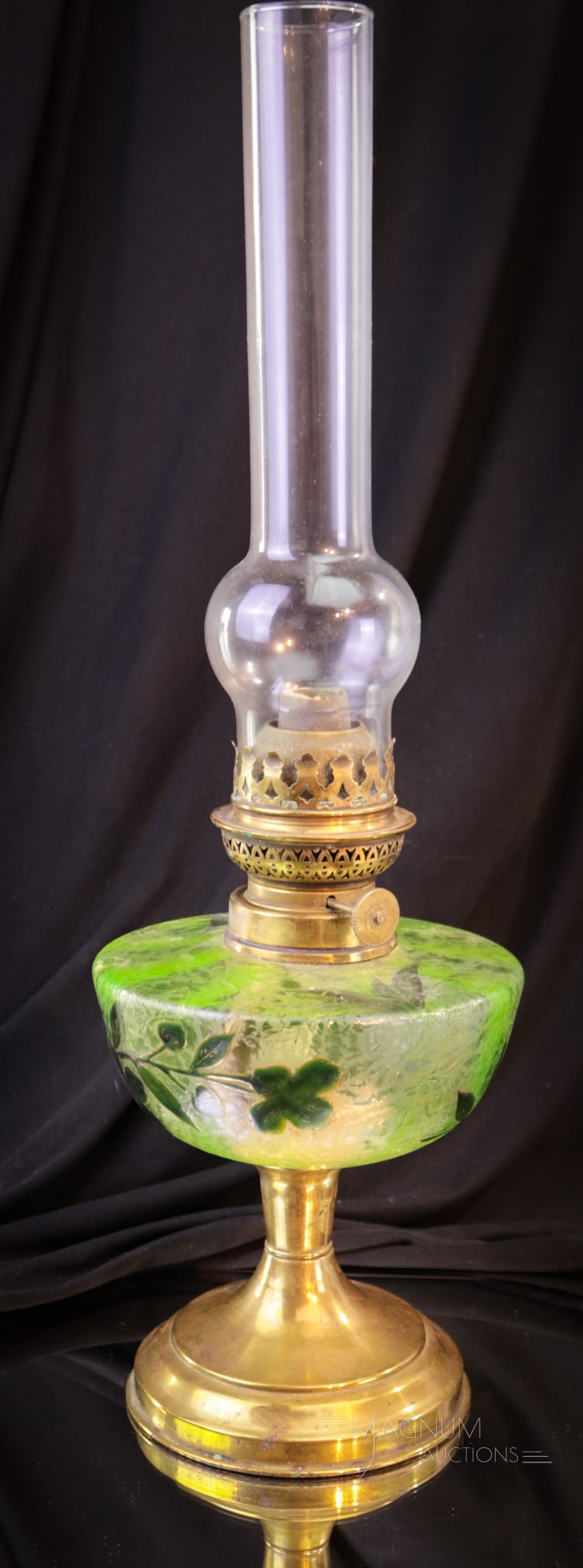 Vaseline Enameled Chipped Ice Victorian Oil Lamp: Gorgeous vaseline glass chipped ice finish Victorian oil lamp complete with enameled and gilt florals. This font set in orignal brass base. Lamp measures 7 1/4" tall to the top of the collar.