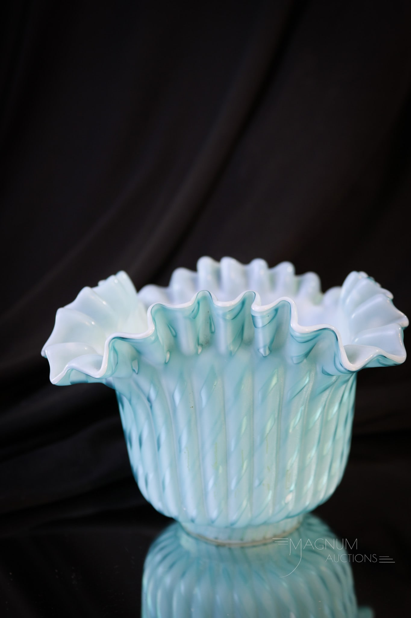 Blue Satin Mother of Pearl Victorian Glass Miniature Oil Lamp Shade: Deep ocean blue is the color of this Victorian ribbed for pleasure mother of pearl satin glass miniature oil lamp shade. Shade measures 3 3/4" tall, 4 1/2" wide, and fitter rim diameter of 1 7/8".