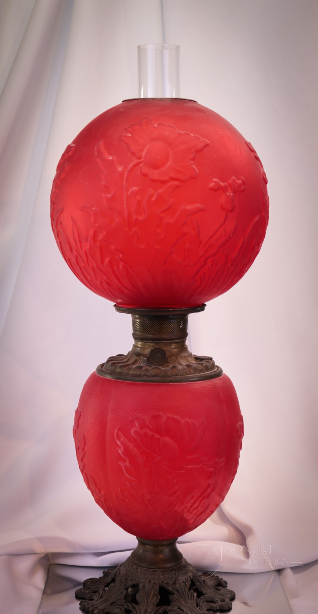 Consolidated Poppy Red Satin Victorian Gone with the Wind Oil Lamp: Wonderful red satin Consolidated Poppy pattern Victorian gone with the wind oil parlor lamp. Lamp measures 24" tall, 9" diameter.