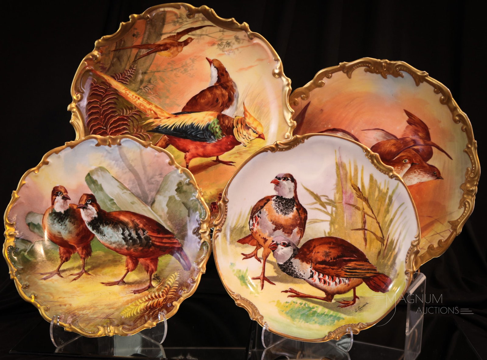 4 pc Lot Hand Painted Limoges Porcelain Game Charger Plaques: Generous offering of four hand painted Limoges porcelain game chargers or plaques. Largest measures 12 1/2" diameter. Two smaller examples features pairs of pheasants and are artist signed. One with a