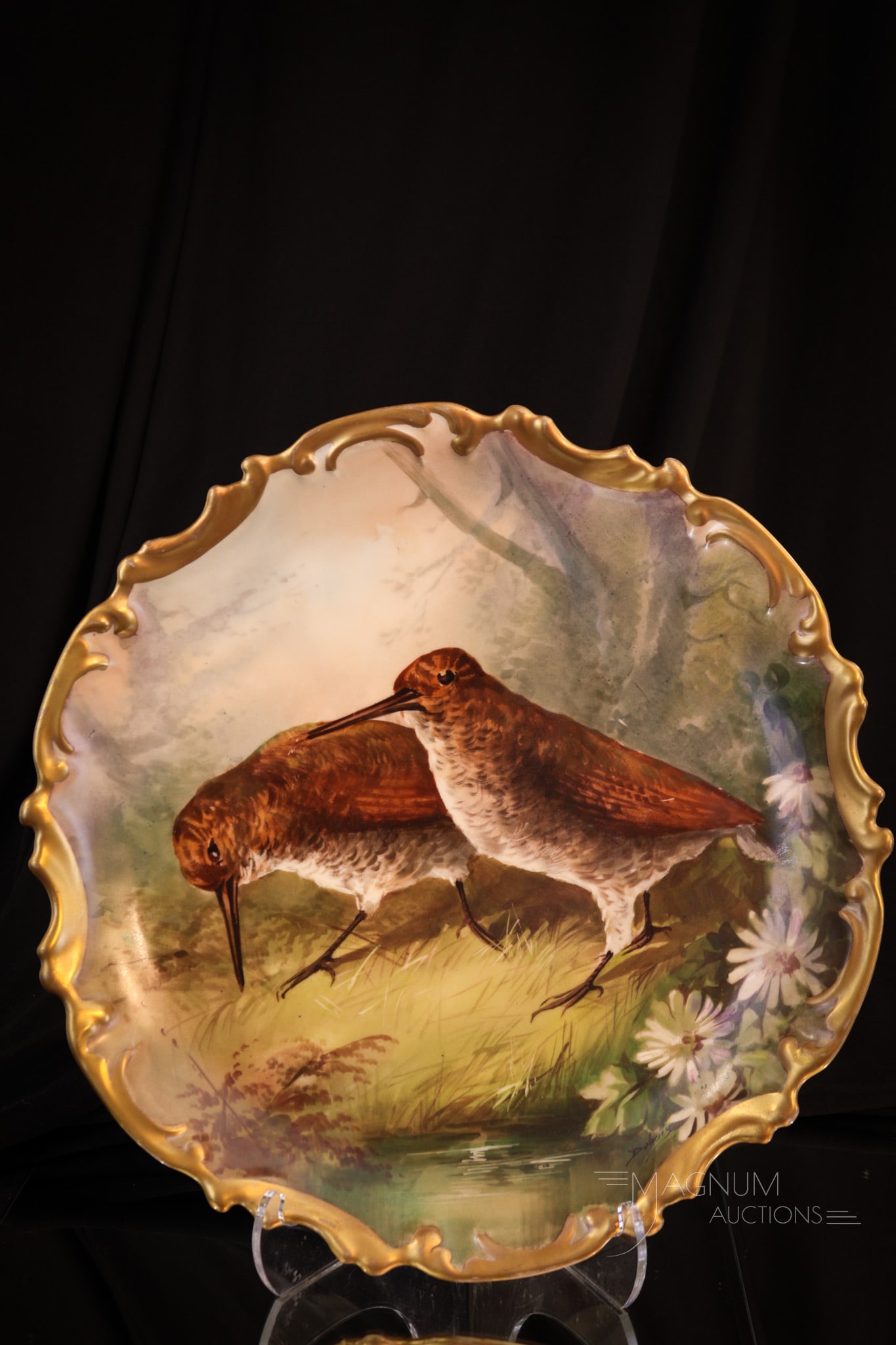 Unmarked 13" Limoges Hand Painted Porcelain Plaque Artist Signed: Amazing unmarked Limoges porcelain hand painted plaque featuring a game bird. Plaque measures 13 1/4" diameter. Provenance: This item is from the private collection of Eileen Flaks. Eileen and her hus