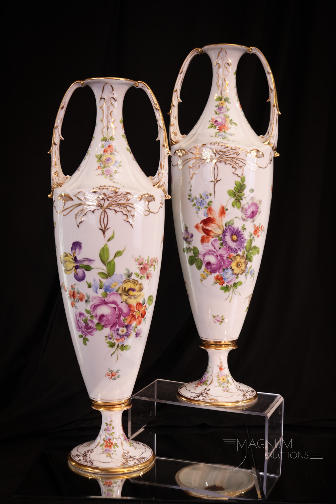 Signed 20" Dresden Porcelain Monumental Mantle Vases: Fabulous pair of monumental 20 1/4" tall matched signed Dresdon porcelain floral spray decorated double handle vases. Each vase a beauty with colorful florals. Perfect to grace any mantle.