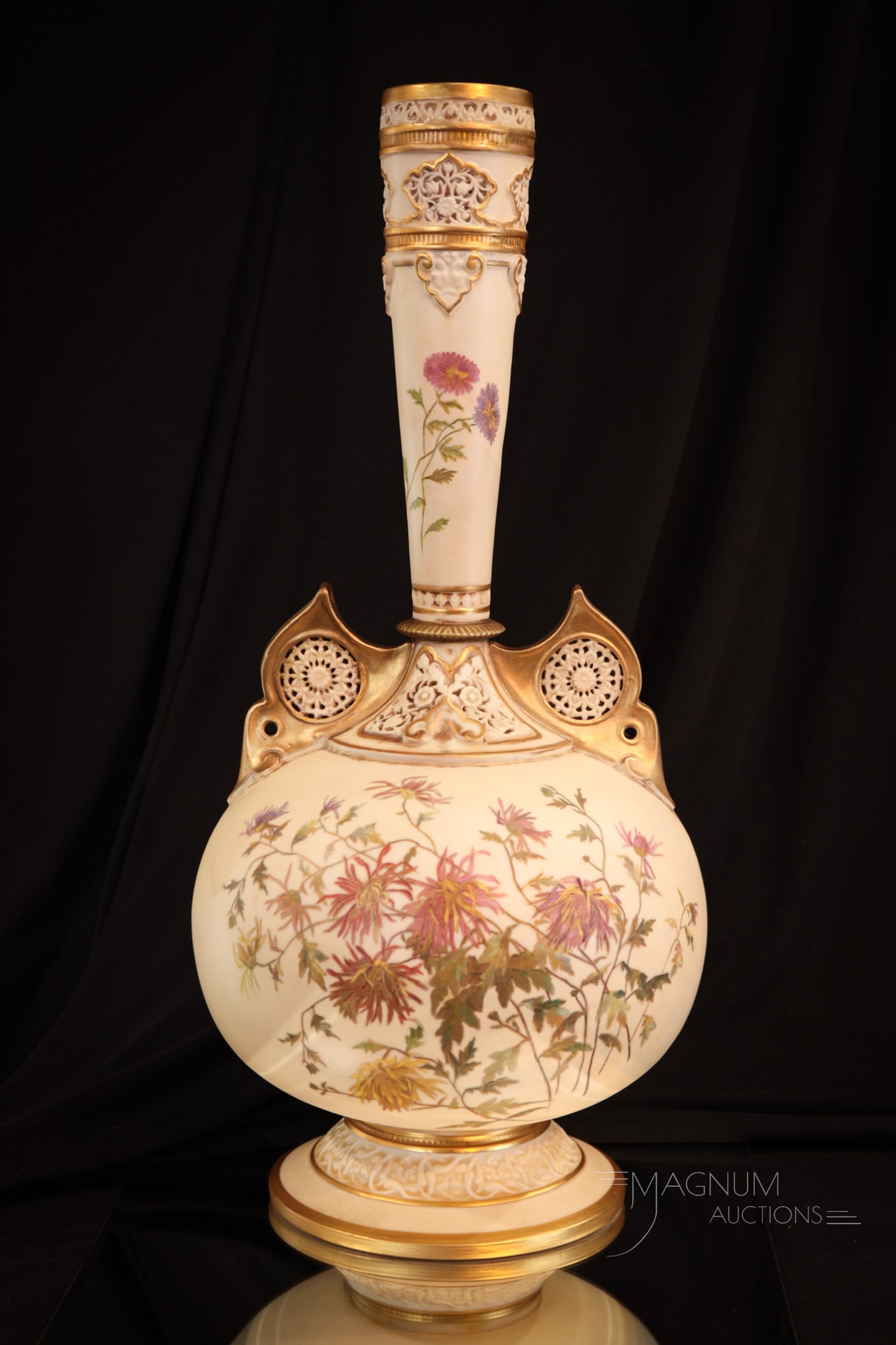 Marked Royal Worcester Monumental 20" Reticulated Vase: Incredible marked Royal Worcester reticulated vase in ivory and gold with florals. Vase measures an astounding 20" tall, 9" diameter.
