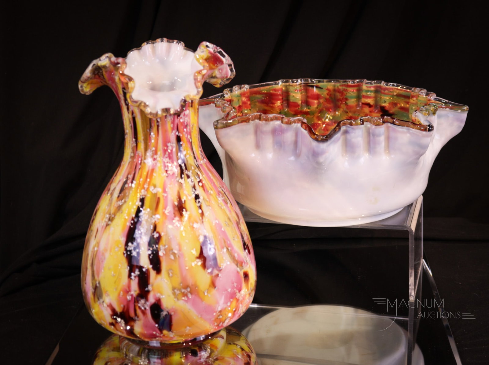 2 pc Lot Victorian Cased Spangle Glass Brides Bowl & Vase: Two select offerings in Victorian spangle glass. A star crimped top rim bride's bowl along with a crimped top vase. Tallest measures 9".