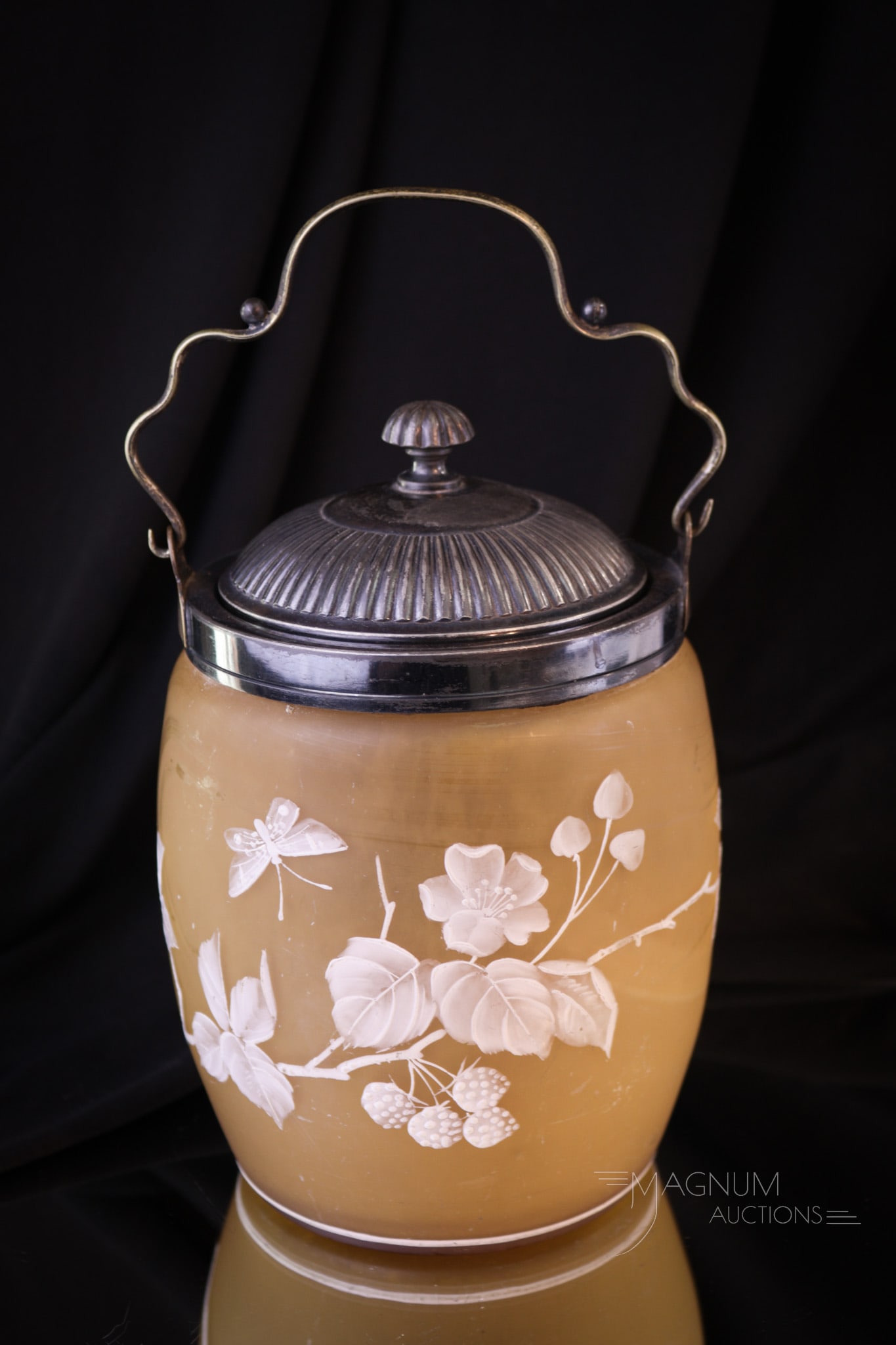 Victorian Biscotti Florantine Cameo Glass Biscuit Jar: Almond Mocha Biscotti is the color of this fine Victorian Florentine cameo glass bsicuit jar. Piece is decorated with lovely florals. This biscuit jar is complete with original silverplate mountings. 