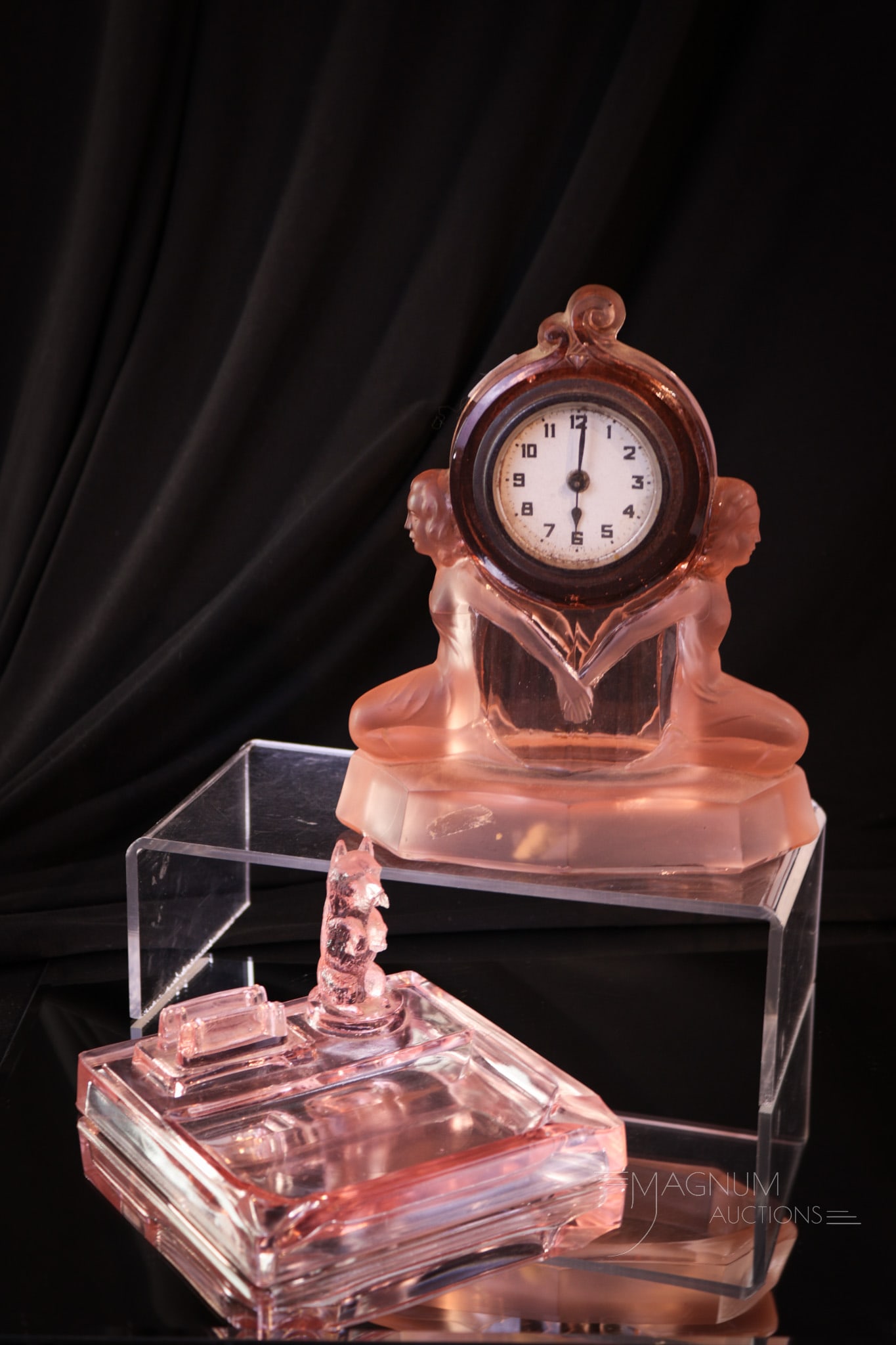 2 pc Lot Pink Art Deco Satin Glass Walther & Sohne Clock & Smoking Set: Two nice pieces of pink satin Art Deco period glass in this lot. A Walther & Sohne marked clock in pink satin glass case with female figure on each side. The other piece is a Scotty dog smoking set. T