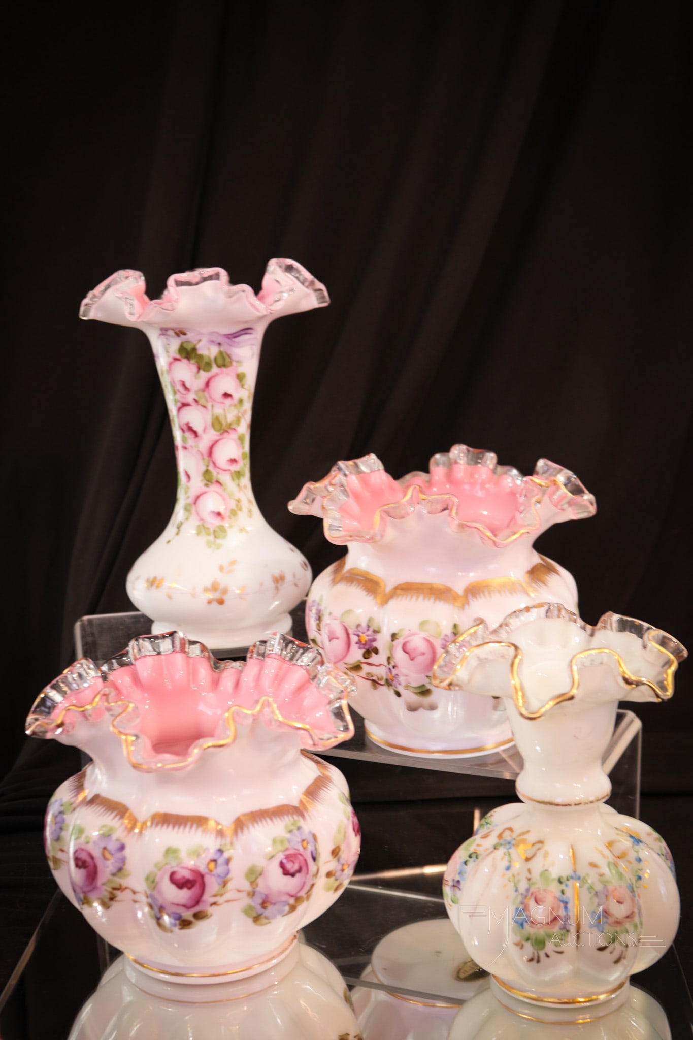 4 pc Lot Fenton Charleton Decorated Art Glass: Four fine examples of Fenton Charleton decorated art glass. Comprising the lot is three examples of peach crest and one in silvercrest. Tallest measures 8".