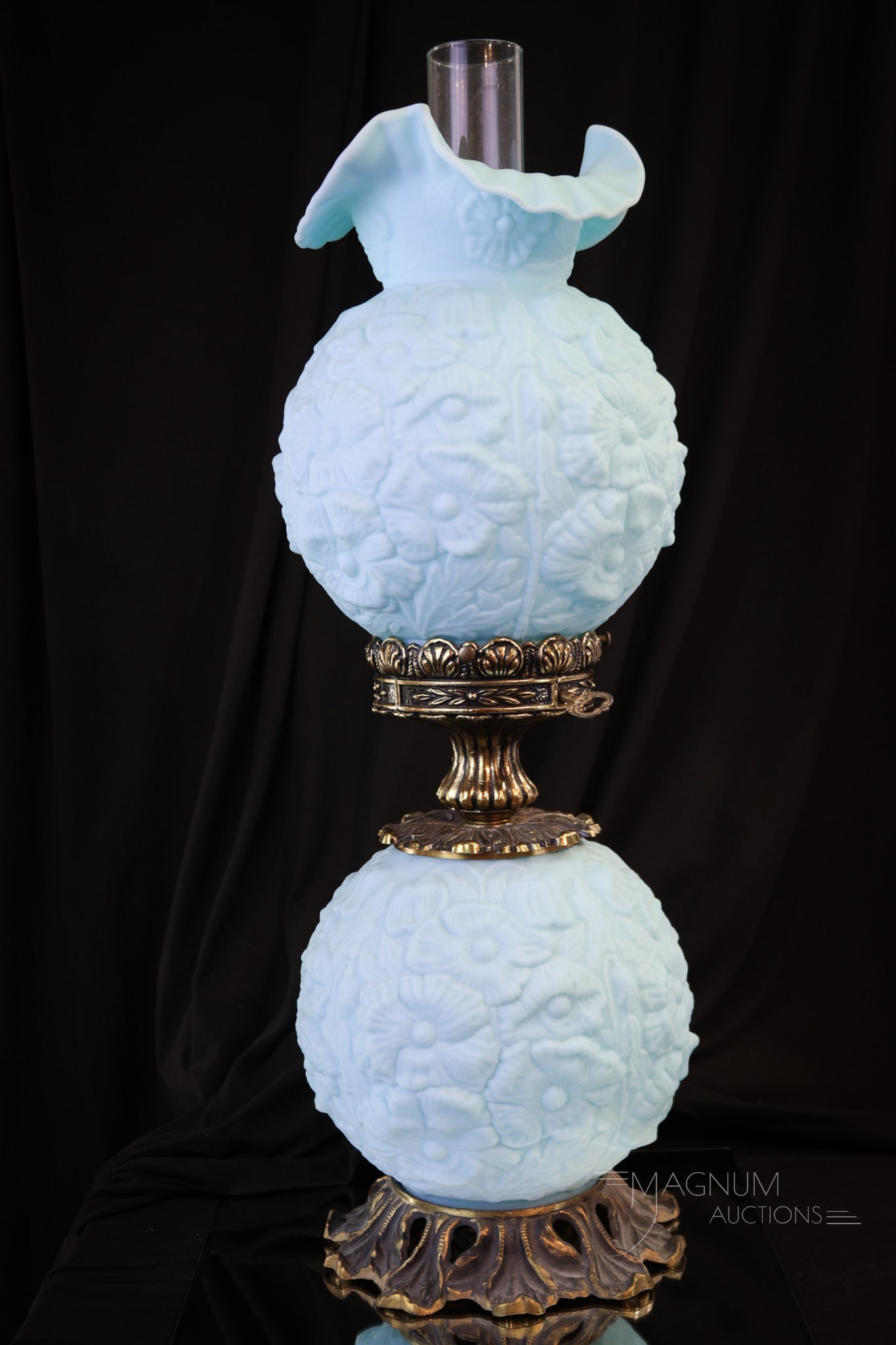Blue Satin Poppy Fenton Glass GWTW Lamp: Wonderful Powder blue satin glass Poppy motif Fenton Gone with the Wind lamp. This lamp measures 22 1/2" tall.