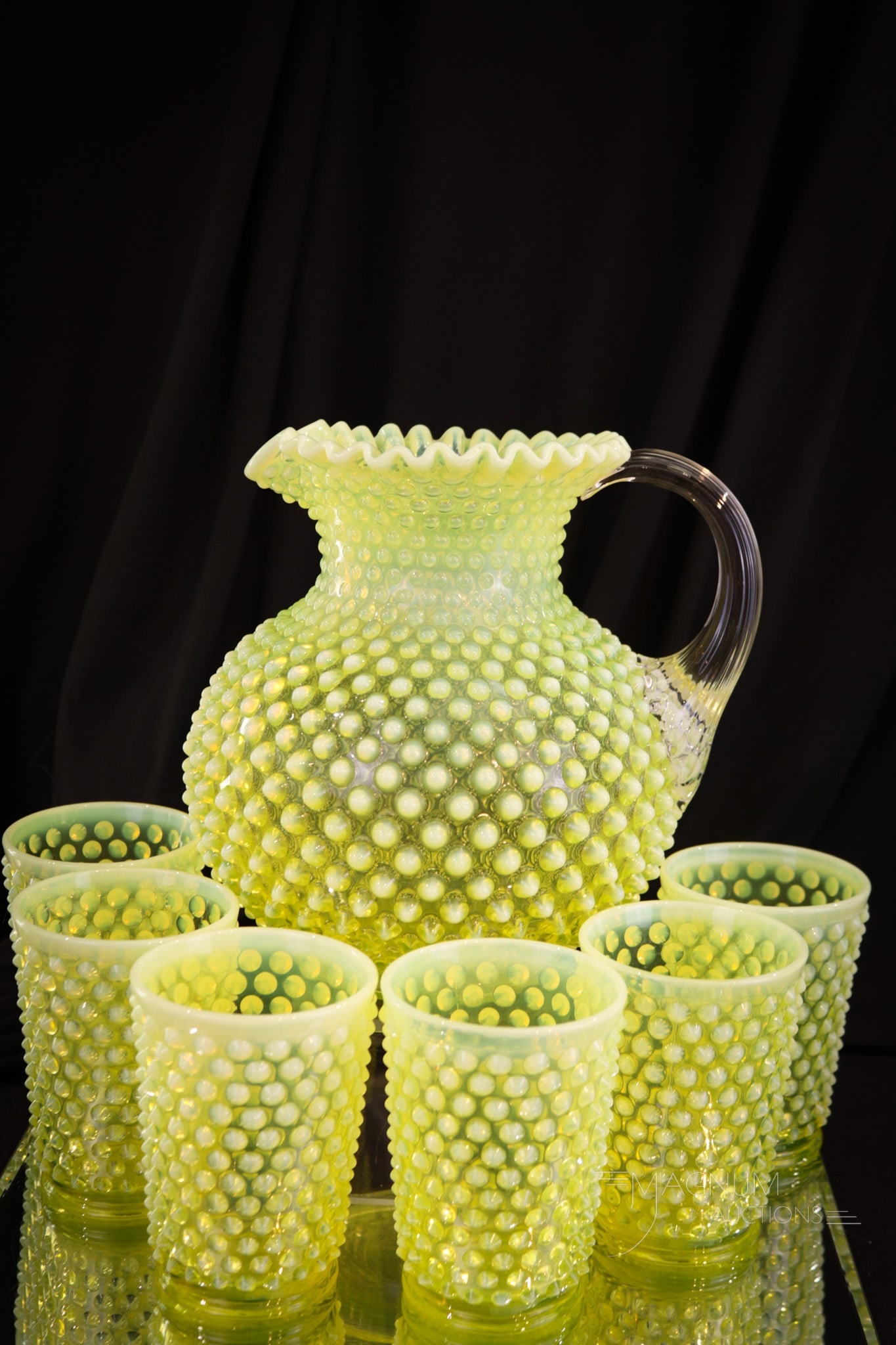 7 pc Fenton Topaz Art Glass Hobnail Vaseline Opalescent water Set: Very nice Fenton Topaz vaseline opalescent seven piece water set. Set is comprised of a pitcher and six tumblers. Tallest measures 8". Super color!