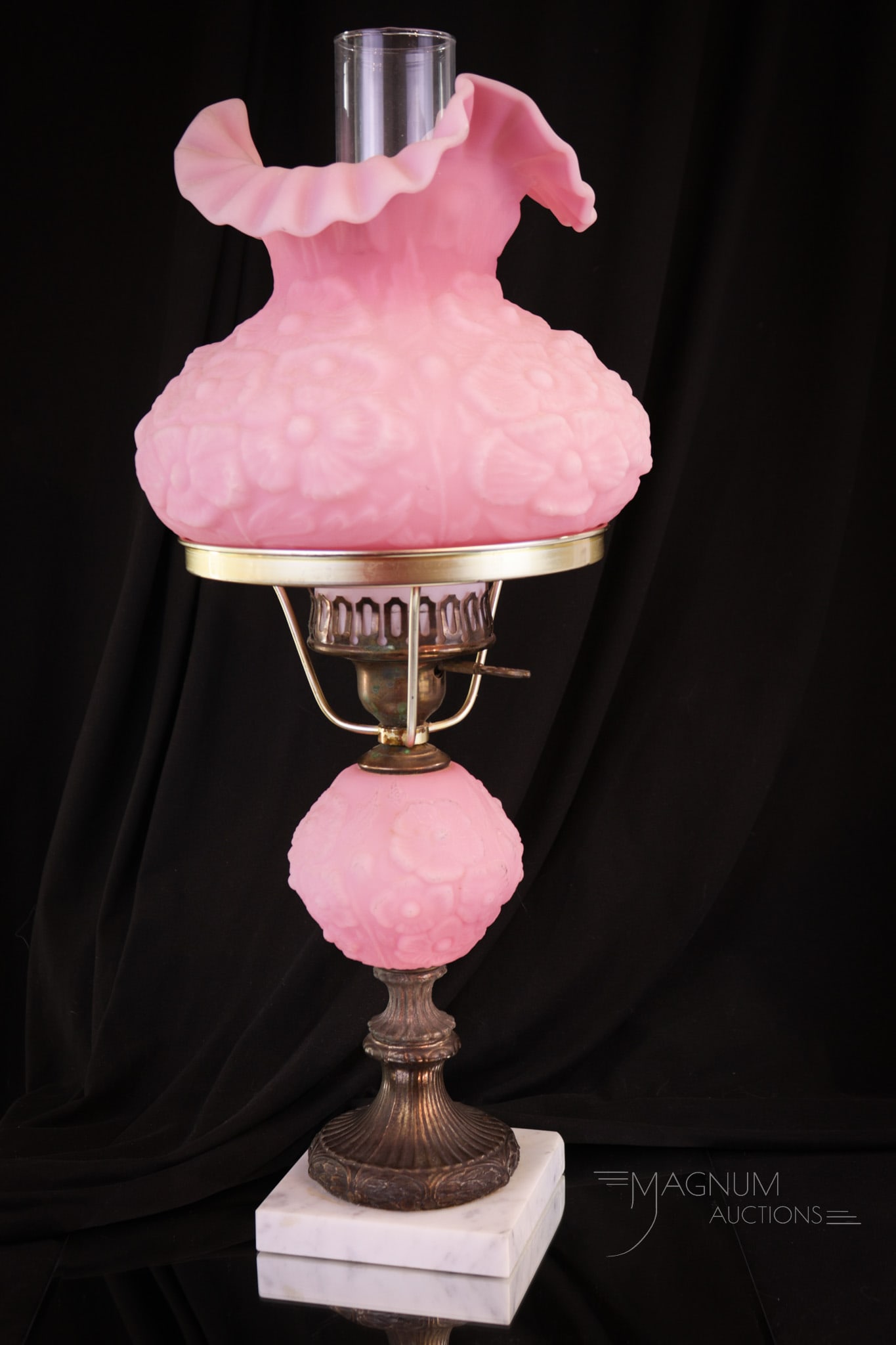 Fenton Art Glass Pink Satin Glass Poppy Student Lamp: Pretty in pink Fenton art glass Poppy motif satin glass student lamp. Nice size and eye-pleasing form. Lamp measures 19 1/2" tall.
