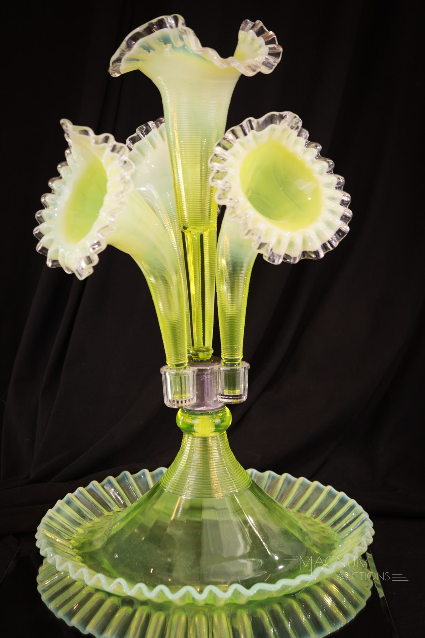 Fenton Wright Topaz Vaseline Opalescent Epergne: Perfect vaseline opalescent Fenton Topaz four horn epergne. This great example has the best coloring. Piece measures 17" tall.