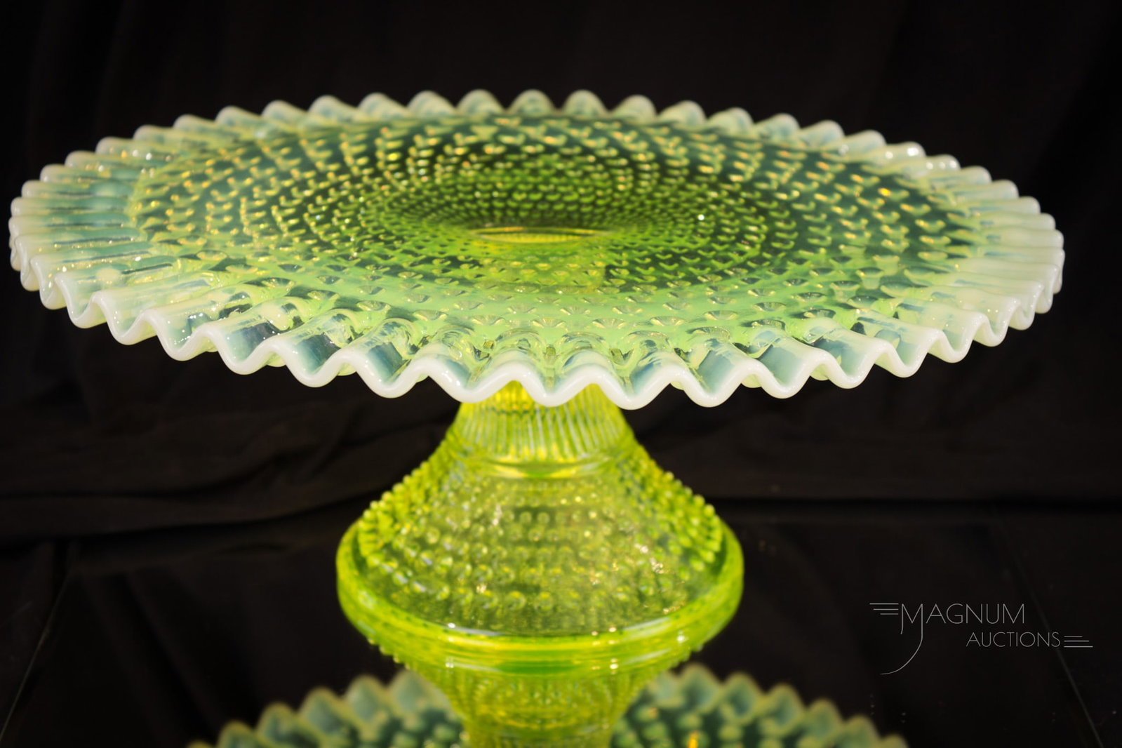 Fenton Topaz Vaseline Opalescent Hobnail Pedestal Cake Plate: Striking Vaseline opalescent fenton Topaz hobnail pedestal cake plate. This one with perfect color and opalescence. Piece measures 4 1/2" tall, 12" diameter.