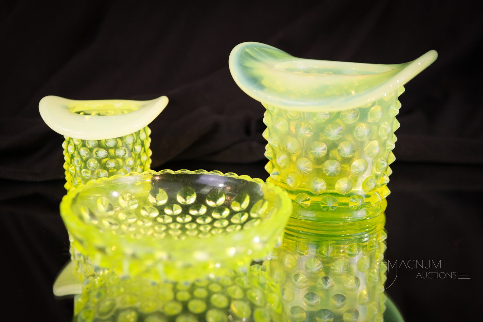Rare Fenton Art Glass Topaz Vaseline Opalescent Hobanil Smoking Set: Rare and beautiful! This fine Topaz Fenton vaseline opalescent smoking set is in the hobnail pattern. Set is comprised of the cigarette holder, match holder, and an ash tray. Tallest measures 2 1/2".