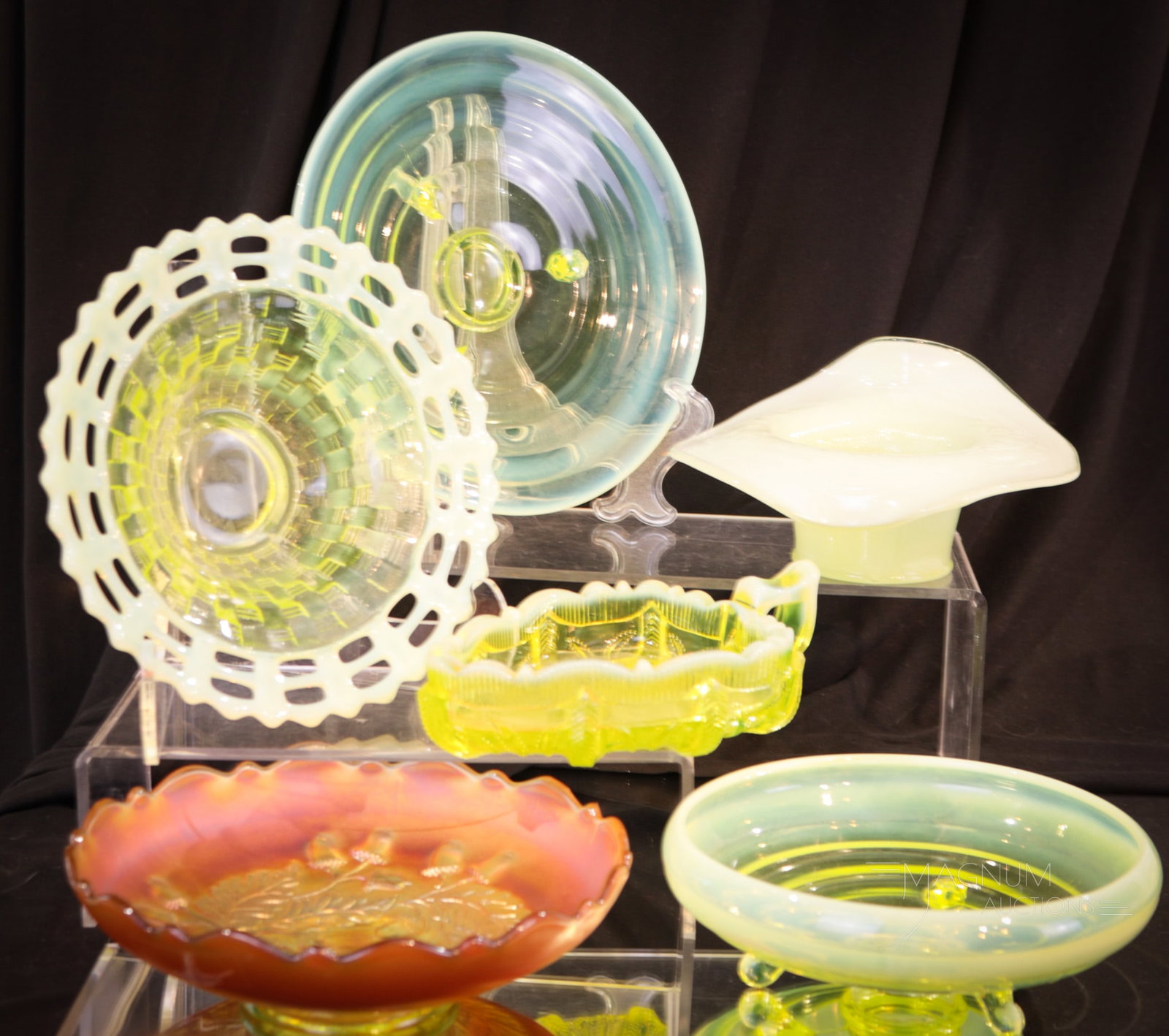 6 pc Lot Vaseline Carnival & More Fenton Art Glass: Six fine examples Fenton art glass. Lot is comprised by an Acorns carnival glass bowl, a custard Blackberry Spray hat vase, a Topaz opal Cactus nappy, a Basketweave bowl, and two Topaz opal Rings piec