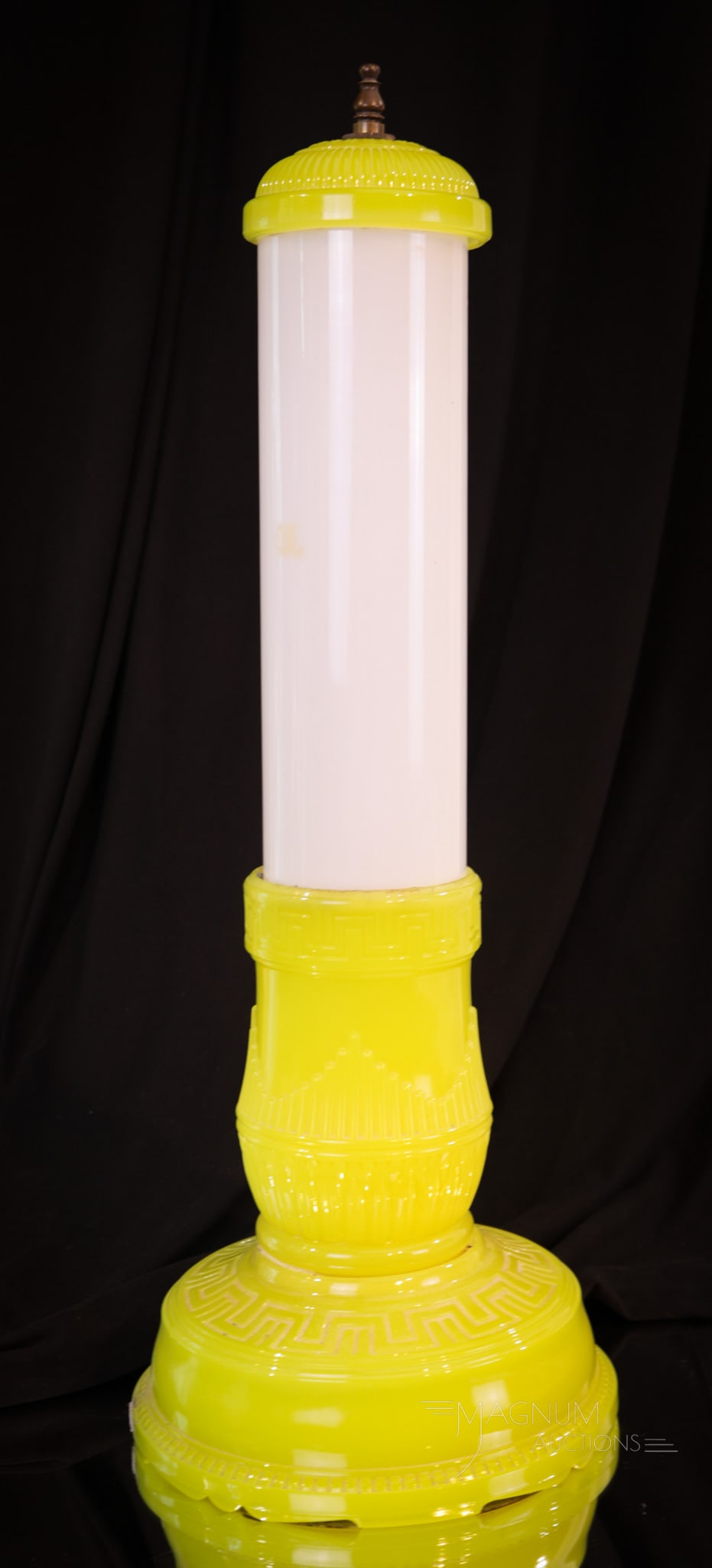 Eureka Tea Co. Uranium Glass Art Deco Skyscaper Lamp: Scarce Art Deco period Eureka Tea Co. Uranium art glass yellow opaque skyscraper lamp. This is a find! In working order. This fine piece measures 20" tall. Will you be the new owner?