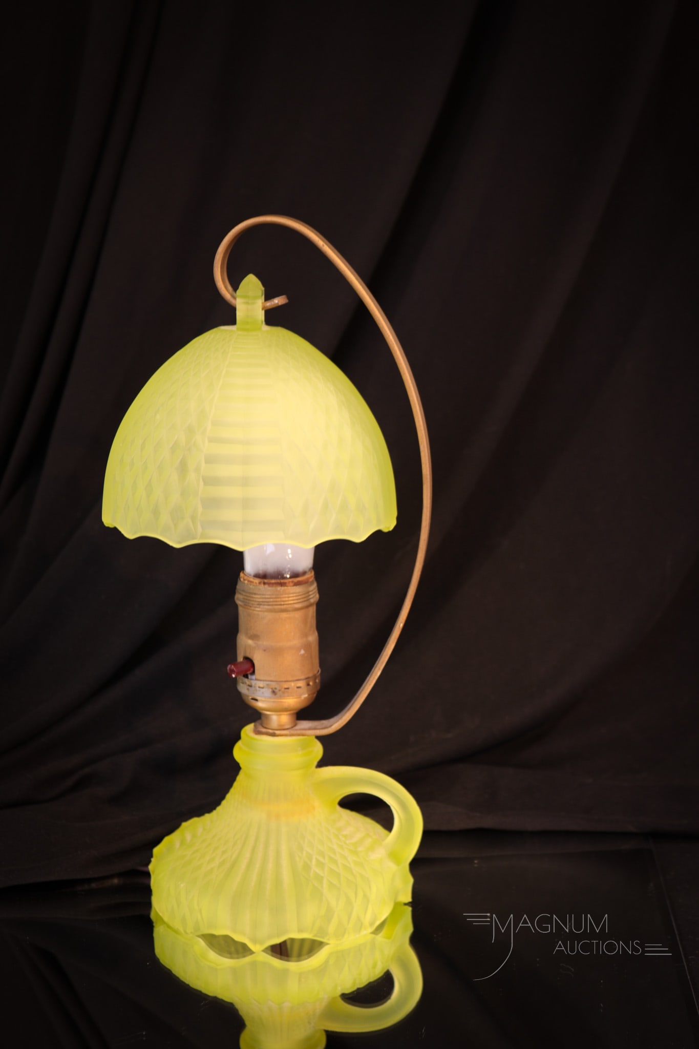 Houze Glass Vaseline Satin Boudoir Lamp: Gorgeous vaseline satin Houze boudoir lamp complete with matching shade. Lamp measures 11 1/4" tall.
