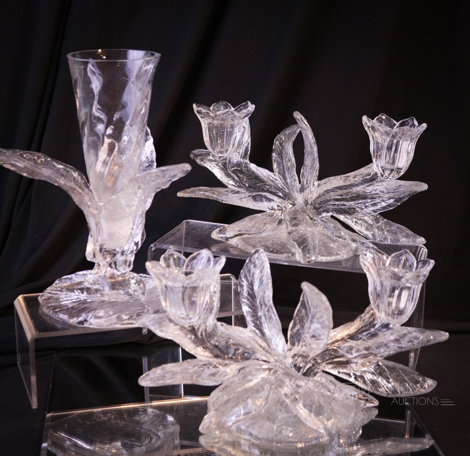 Cambridge Everglades Glass Candleabrum & Vase: Select offering of a pair of Cambridge Everglades two branch candleabrum along with a single associated vase. Tallest of the threesome measures 8 1/2".