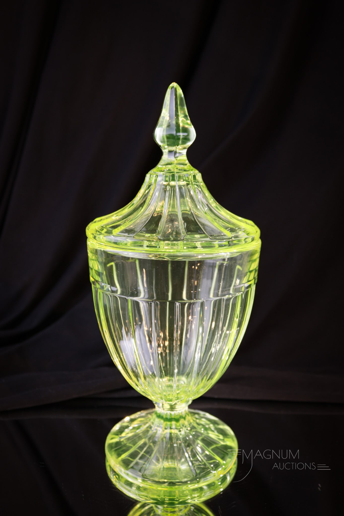 Heisey Glass Vaseline Recessed Panel Candy: Select find is this Heisey vaseline glass Recessed Panel half pound candy. Vasies take note of this super piece. Does it glow you ask? You betcha! Piece measures 9 1/8" tall.