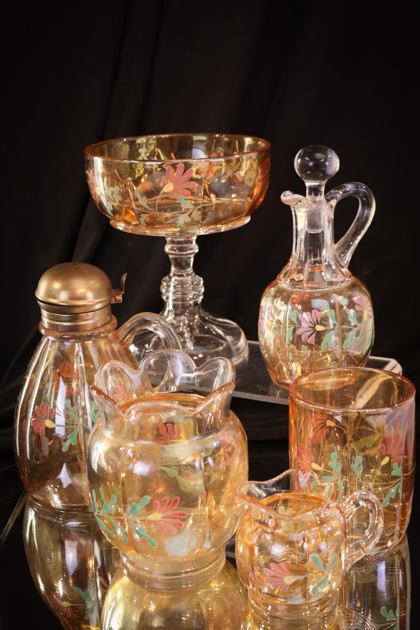 6 pc Lot Riverside Marigold Flash Enameled X-Ray Glass: Six superb pieces of the ever-popular X-Ray pattern in marigold flash stain with enameling. This lot includes an open compote, syrup pitcher, cruet, spooner, and an individual creamer. Tallest measure