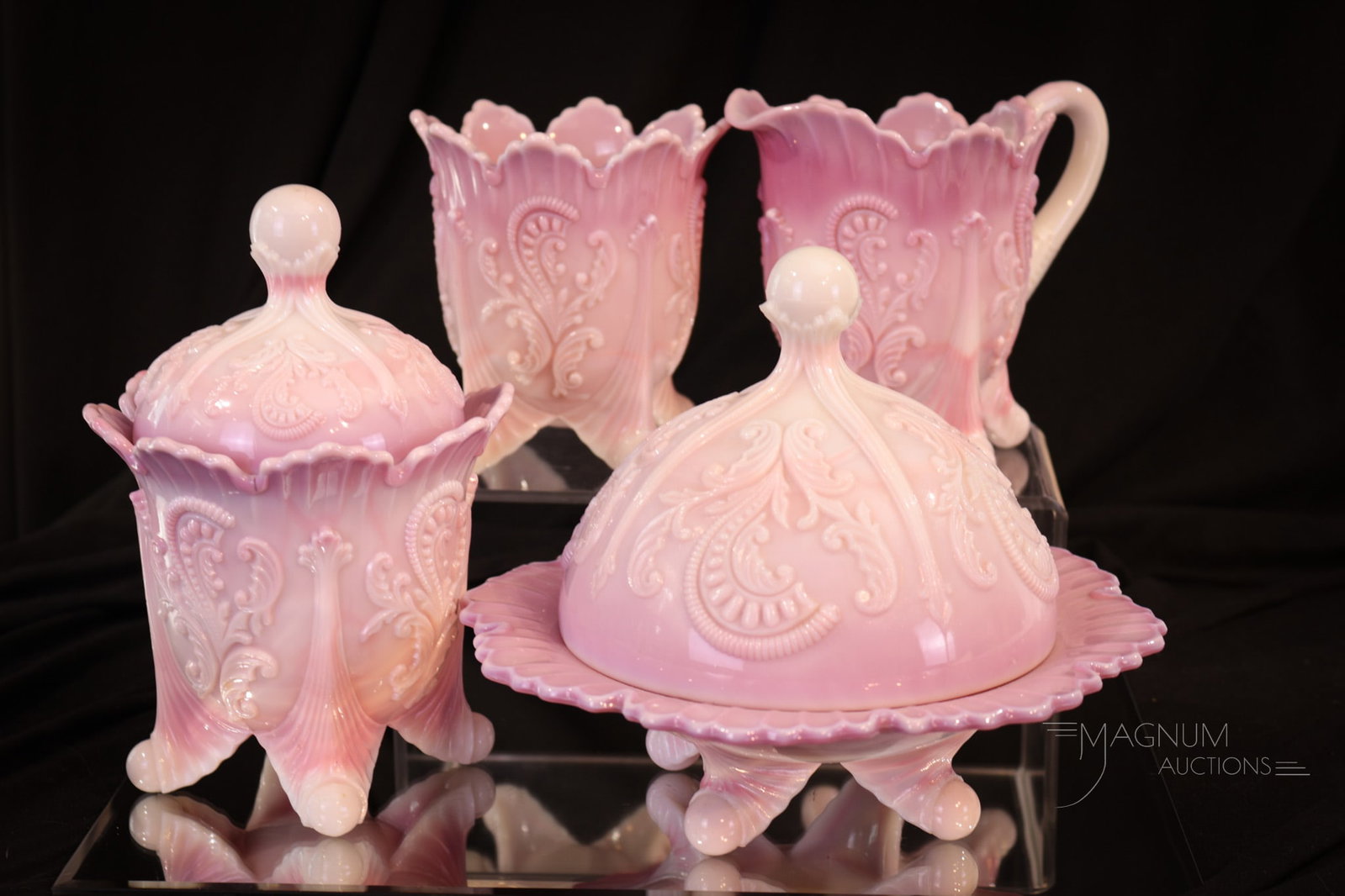 4 pc Lot Northwood Pink Slag Inverted Fan & Feather Table Set: Beautiful and complete Northwood pink slag inverted Fan & Feather pattern complete table set. This set has all of the pieces and wonderful coloring. Tallest of the set measures 7". Provenance: This it