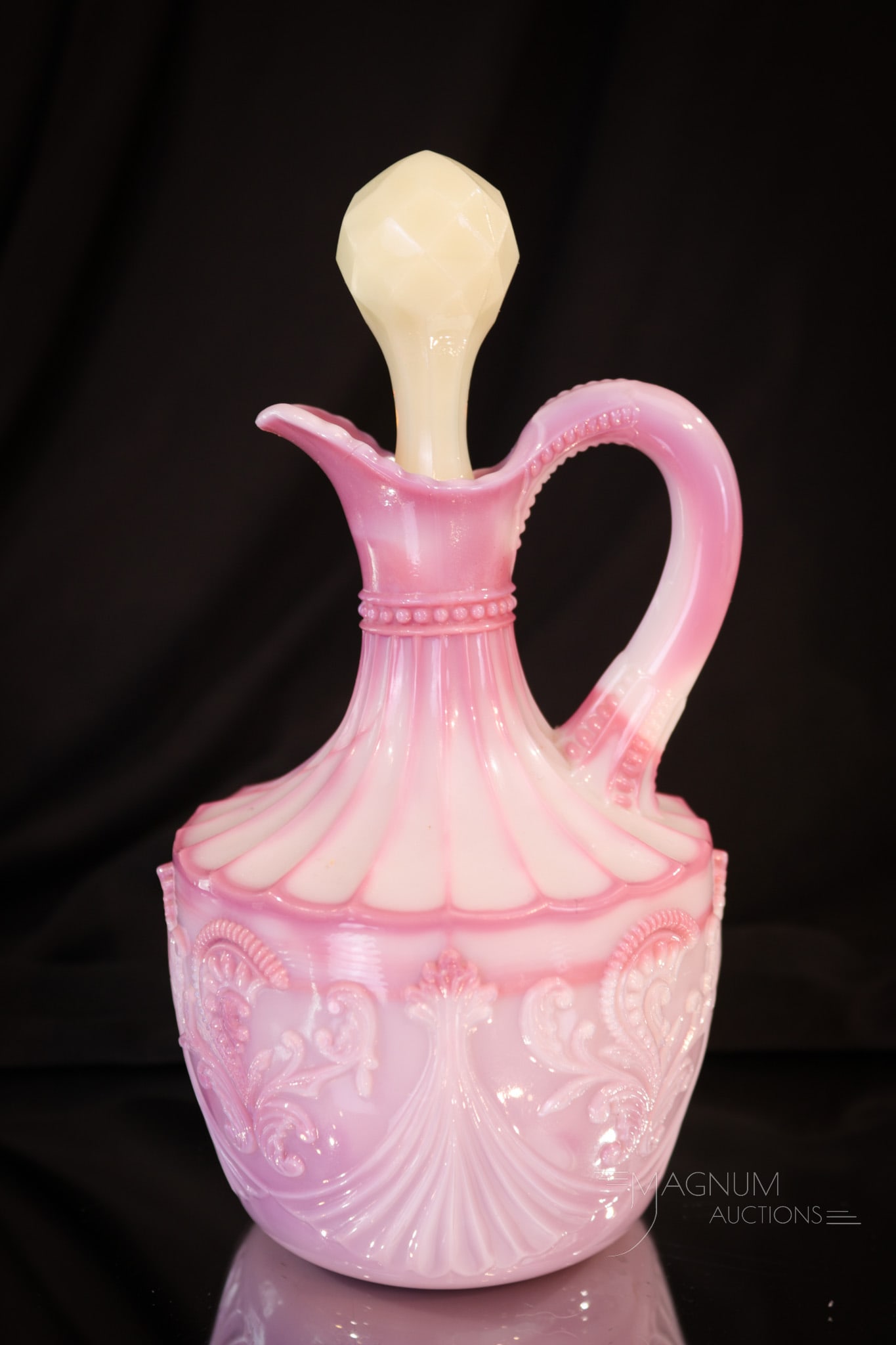 Northwood Pink Slag Inverted Fan & Feather Victorian Glass Cruet: A beautiful Northwood pink slag Inverted Fan & Feather pattern cruet. This fine example is complete with custard stopper. Cruet measures 7" tall.